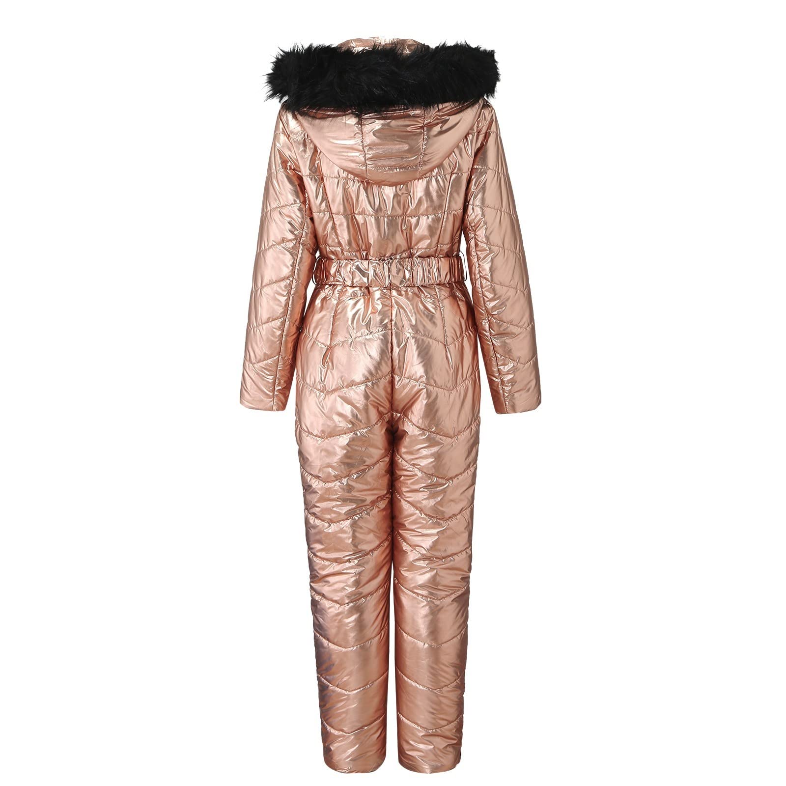Traje de esquí metálico brillante para mujer, overol de nieve de invierno de alto brillo con capucha de piel sintética desmontable, equipo de esquí impermeable y resistente al viento, traje de esquí