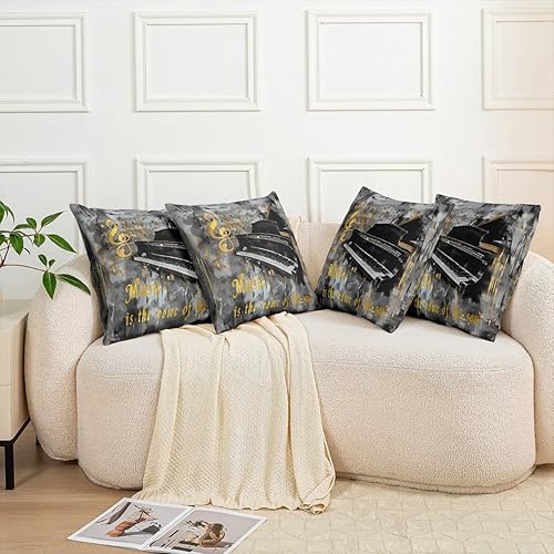 Miniatura 5 de Piano Music Throw Pillow Covers (Pack of 2,Musical Notes Cushion Covers,Kids Girls Boys Teens Retro Graffiti Grey Gold Pillow Cases Music Lover