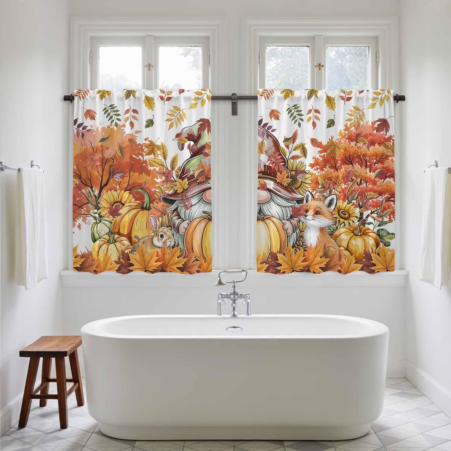Thanksgiving Gnomes Kitchen Tier Curtains 45 Inch Long 2 Panel Set,Rod Pocket Short Window Treatment,Fall Orange Pumpkin Maple Fox Rabbit Curtains & Drapes for Bathroom Basement 27.5"W x 45"L