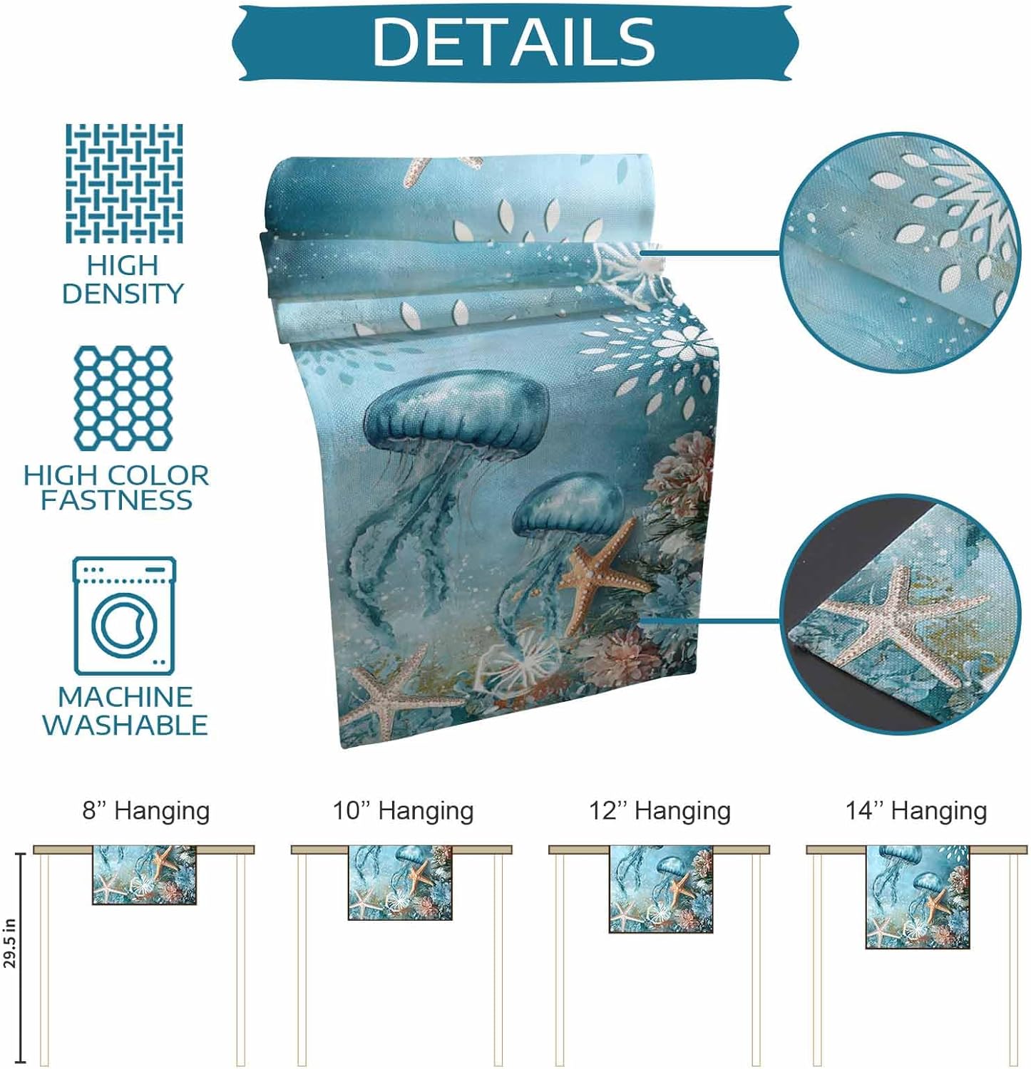 Jellyfish Coastal Table Runner 120 Inches Long, Blue Nautical Starfish Farmhouse Dress Scarves, Vintage Ocean Floral Dining Tablerunner for Coffee Table/Kitchen Island/Party Décor, 13" x 120"