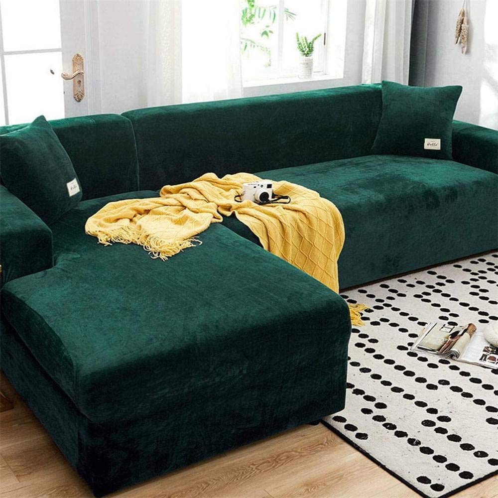 LINGKY Velvet Plush Sofa Cover, Skid Resistance Stretch Sofa Cover Slipcover Soft Thick Sofa Protector for L-shape Sectional Couch (Dark Green,3 Seater(75-91"))