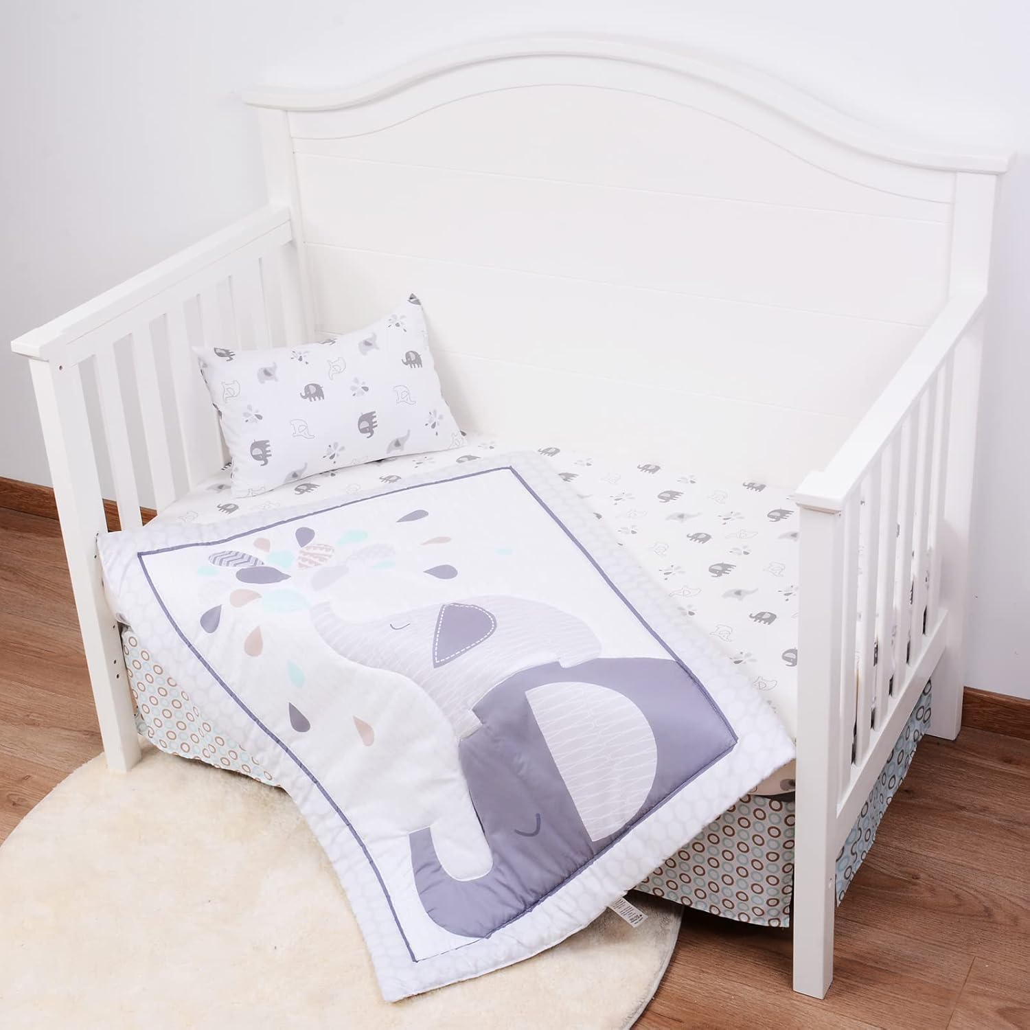 JISEN 4 Piece Baby Crib Bedding Set for Girls Boys - Soft Crib Comforter Set with Quilt, Sheet, Pillowcase, Skirt Grey Elephant