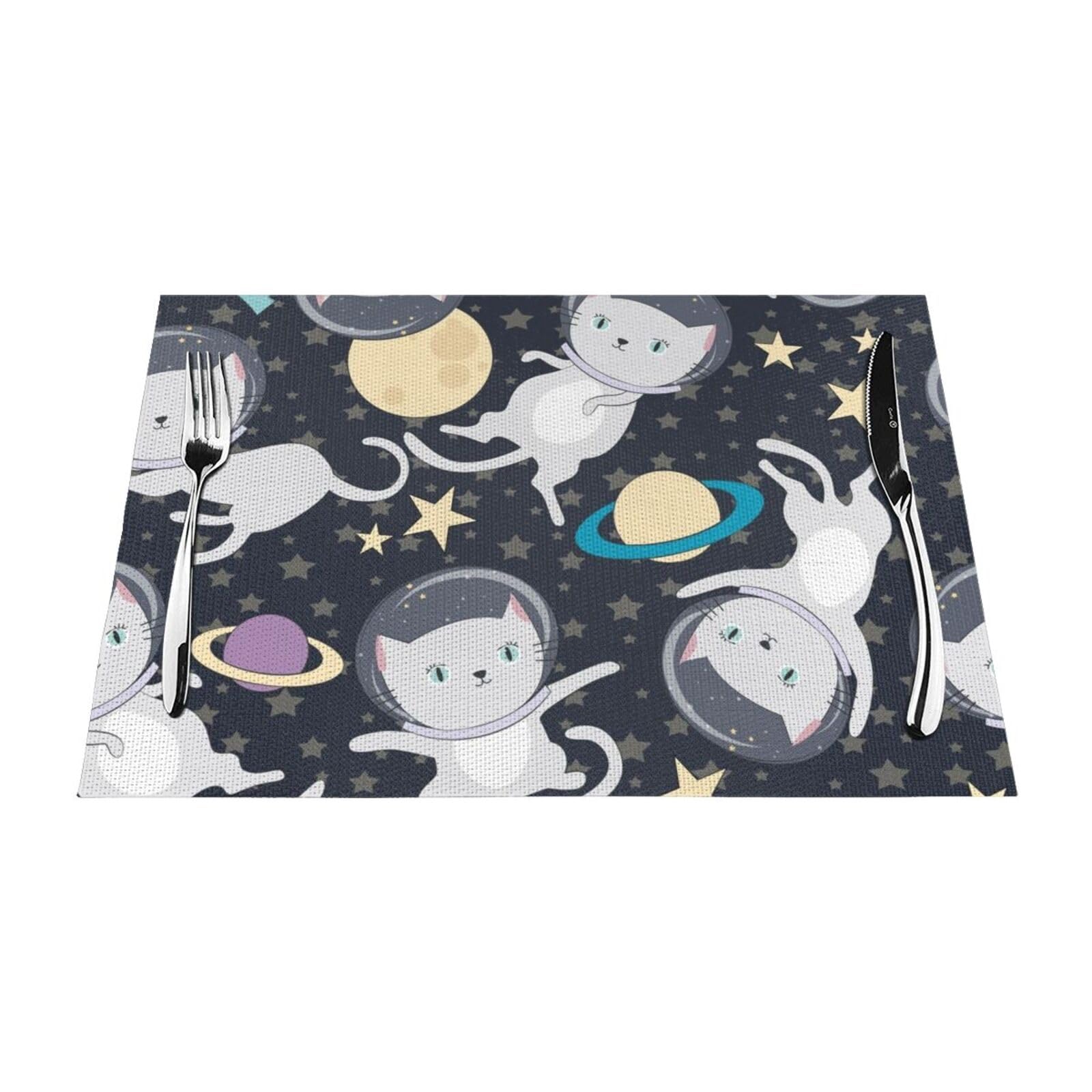 PVC Placemat Set of 4 PCS, 45x30 CM, Fun cat Astronaut Printed Non-Slip Heat Resistant Place Mats for Kitchen Dining Table Indoor Outdoor