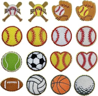 16Pcs Sports Chenille Iron on Patches Baseball Basketball Football Assorted Repair Patches Kit Sew on Embroidered Applique DIY Accessory for Backpack Clothes Pants Hats Jeans (16pcs Sports Patches)