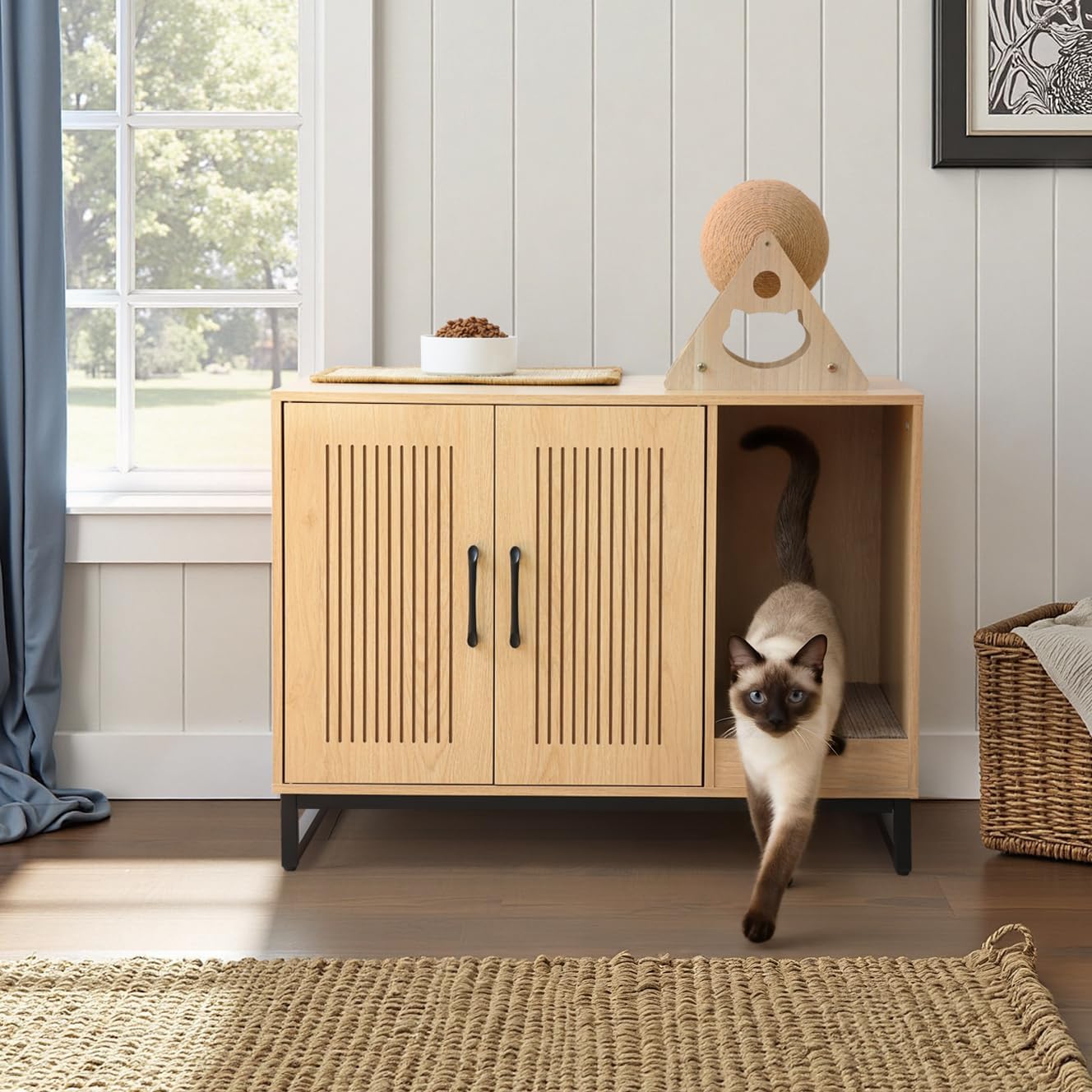 Litter Box Enclosure, Cat Litter Box Furniture with Scratching Mat, Large Hidden Litter Box Furniture Pet House, Wooden Cat Washroom Indoor, End Side Table for Hallway (Landing)