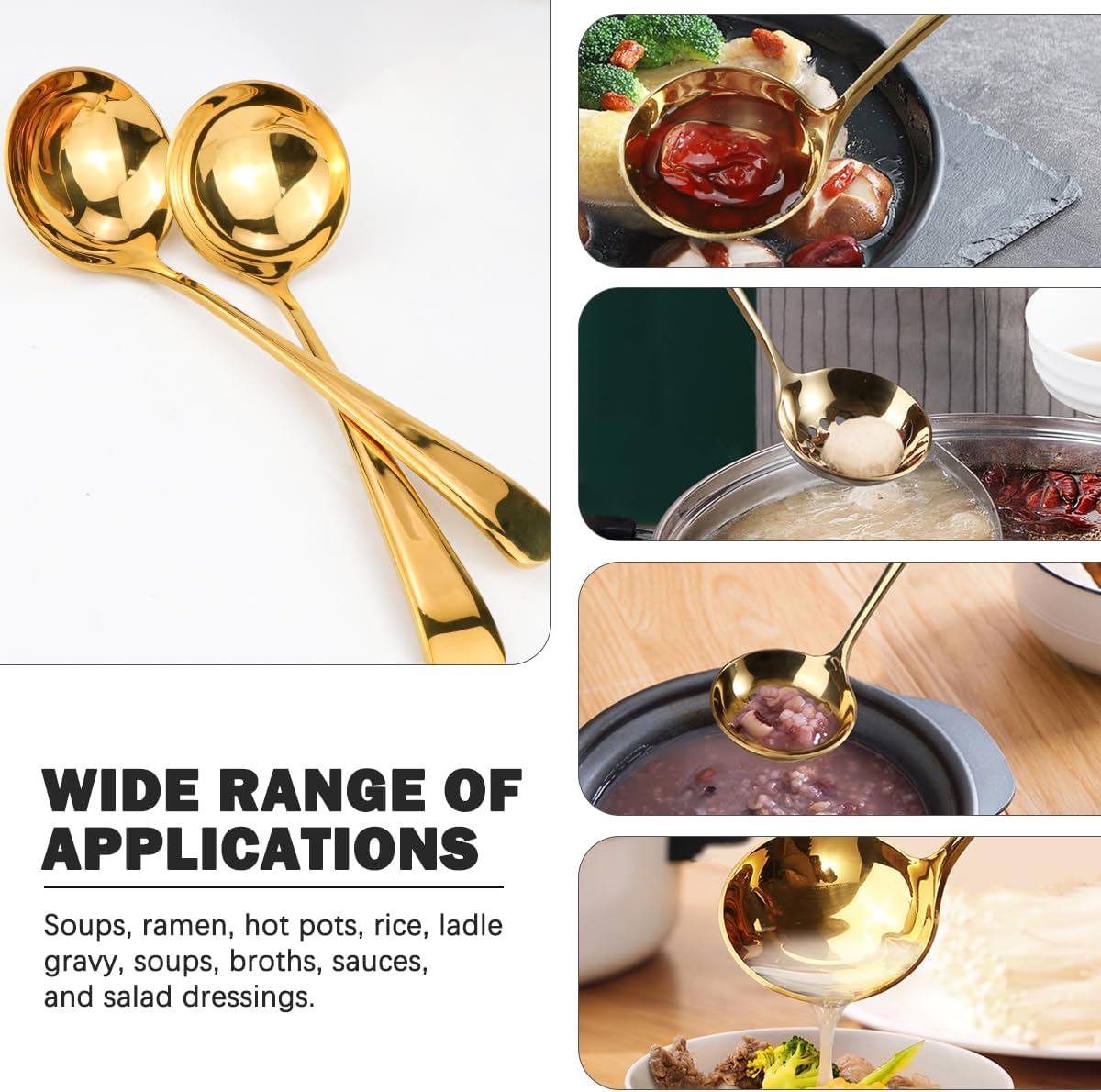 DOERDO 2Pack Stainless Steel Soup Spoons Small Ladle for Sauce Kitchen Table Serving Spoons, Gold 2.4x6.7 Inch