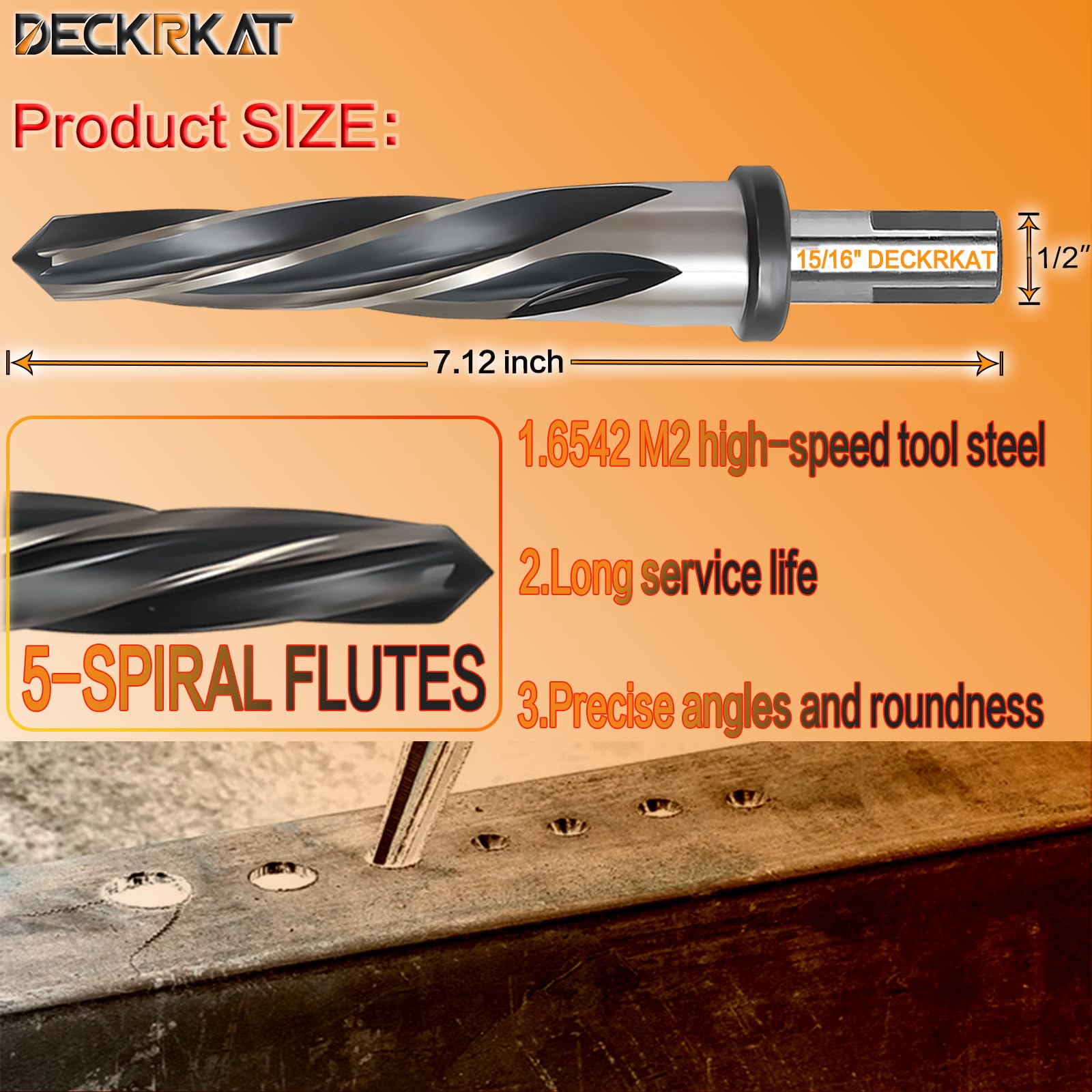 15/16 Zoll Reibahle Bohrer für Metall, M2 HSS Kegelreibahle für Stahl, Legierung, Holz, Kunststoff zum Ausrichten, Vergrößern von Löchern, 5-Spiralnuten, 1/2 Zoll rutschfester Schaft, 24 mm