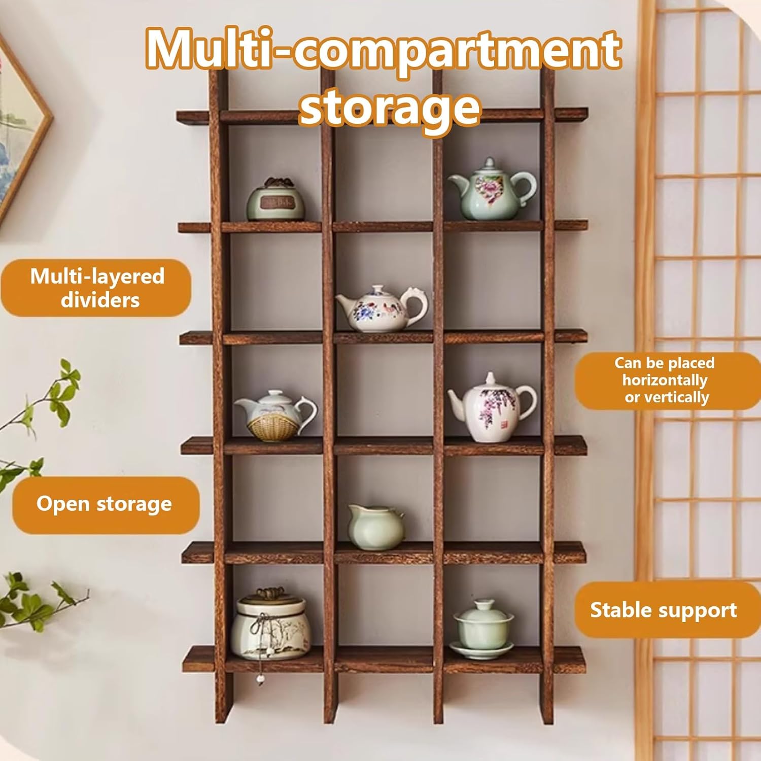 Multifunctional Wooden Mug Display, Wall Mounted Decor Display Case, Space-Saving Wall Cup Holder, Multi-Layer Spice Rack, Suitable for Kitchen, Dining Room(Natural,Large)