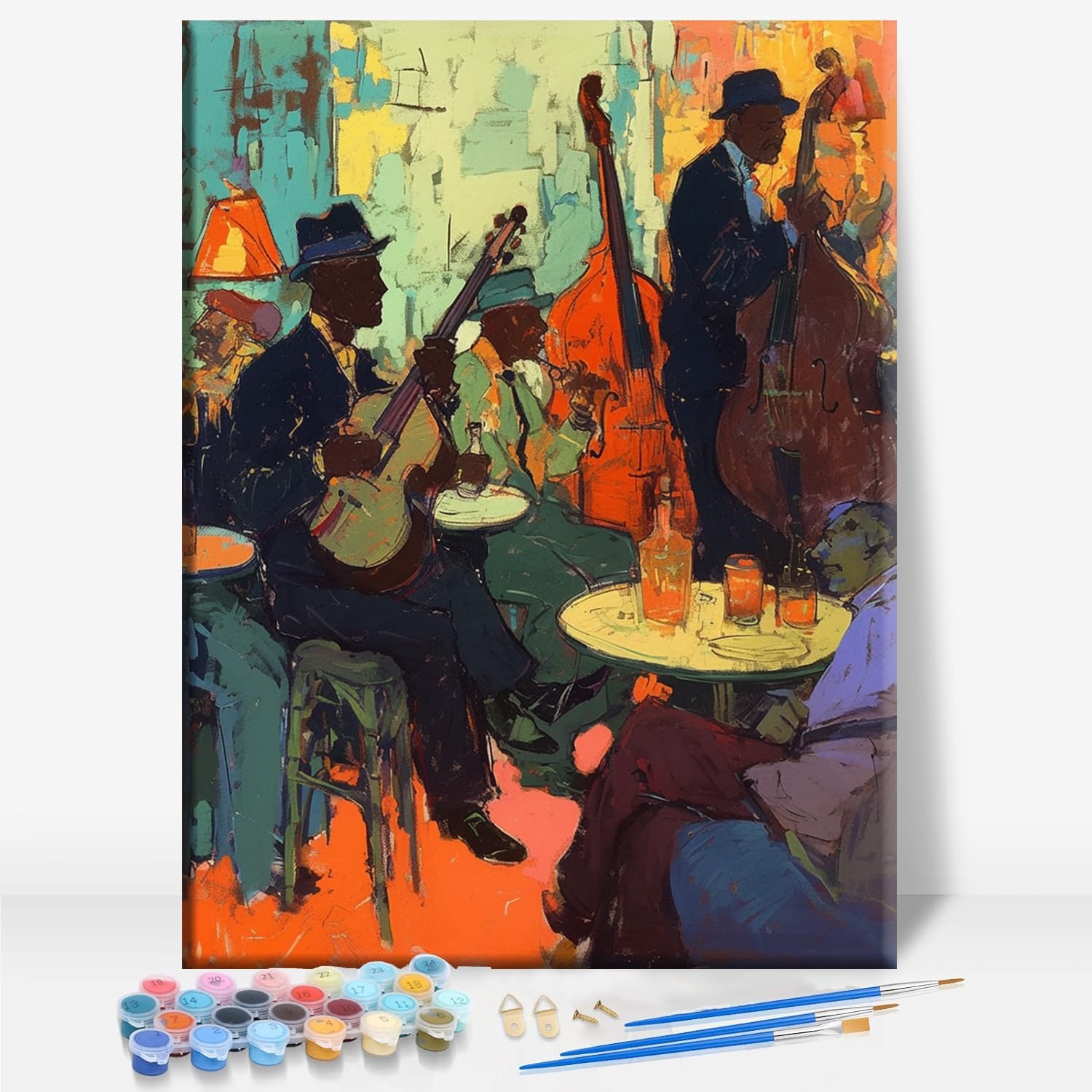Aeontinity Jazz Black Art Musician Music Framed Canvas DIY Paint by Numbers Kit Bar Cafe Cave Home Room Wall Bathroom Porch Patio Decor Gift, 16 x 12 Inch