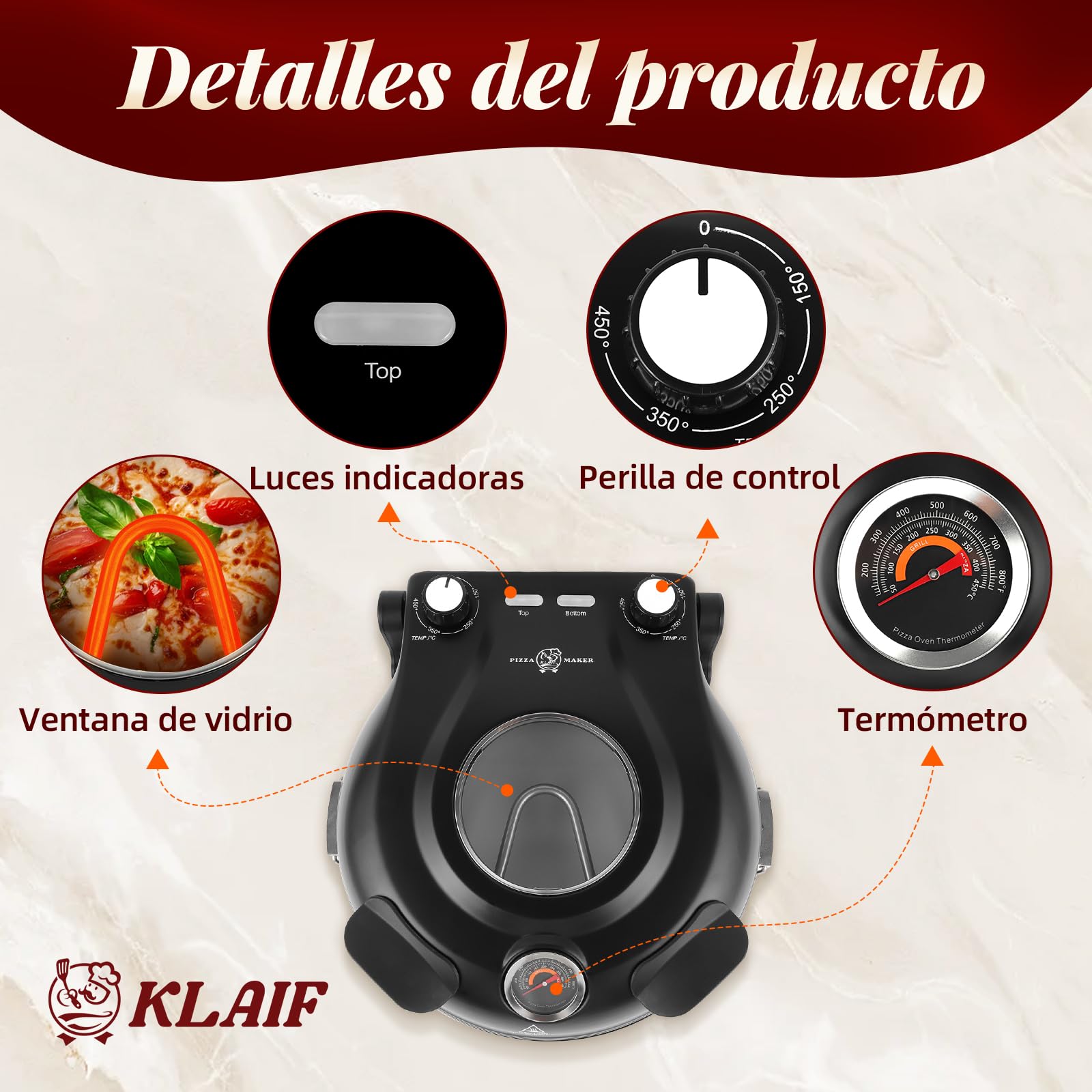 KLAIF Horno eléctrico para pizza con piedra cerámica de 31 cm, dos controles de temperatura ajustables, incluyendo 4 utensilios de pizza, LMC-negro