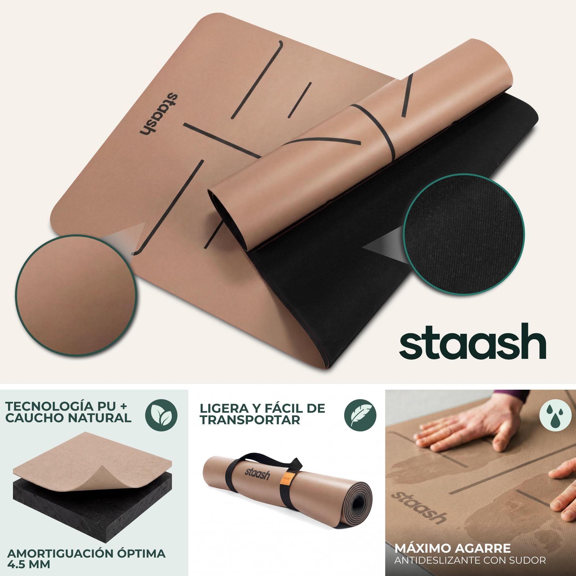 STAASH Set de yoga de alta calidad – Esterilla de yoga de poliuretano y caucho natural + toalla de microfibra + correa de yoga + almohadilla de mano – Ultra Grip, respetuoso con el medio ambiente y