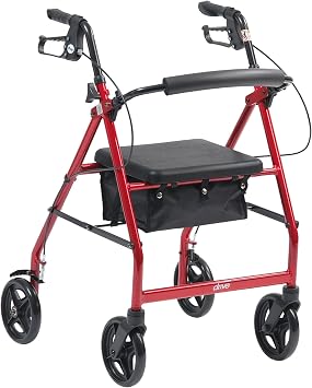 Drive Medical Aluminum Rollator Fold Up and Removable Back Support, Padded Seat with 7.5-Inch Casters, Red