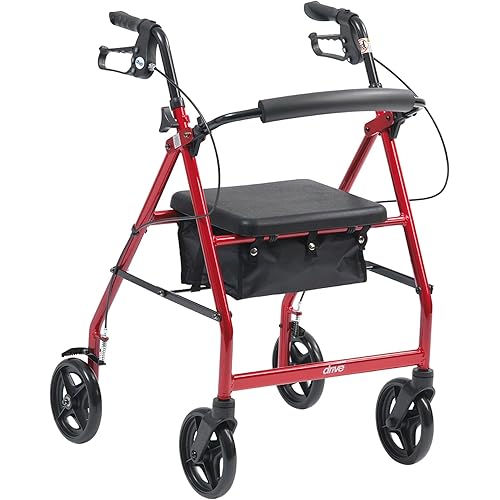 Drive Medical Aluminum Rollator Fold Up and Removable Back Support, Padded Seat with 7.5-Inch Casters, Red