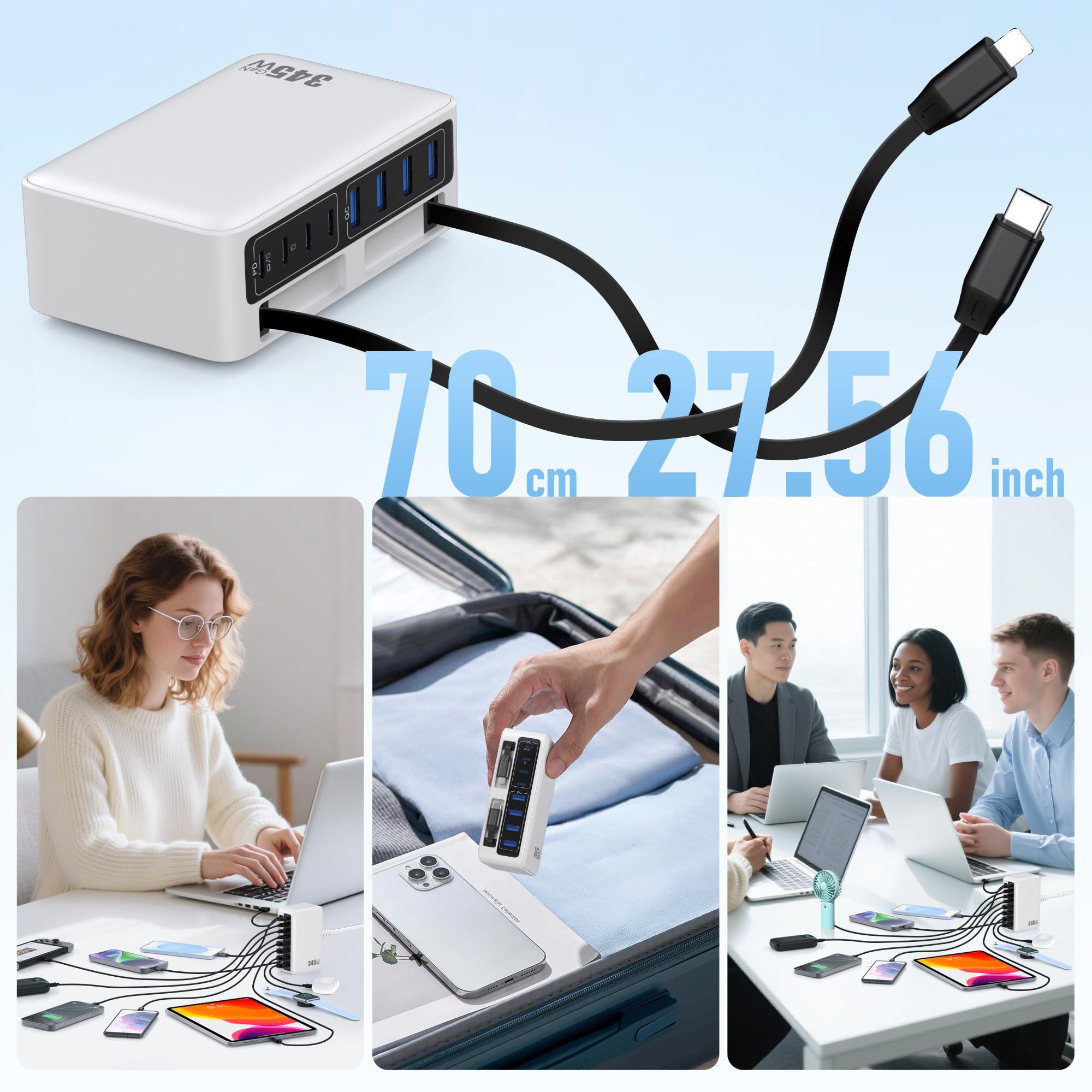 345W Cargador USB C Multiple con Cable Retráctil, 10-en-1 GAN Vi Cargador Carga Rápida PD/PPS/QC Enchufes USB C Alimentador Universal USB C Charger para MacBook Pro/Air, iPhone, Sam Sung (Blanco)