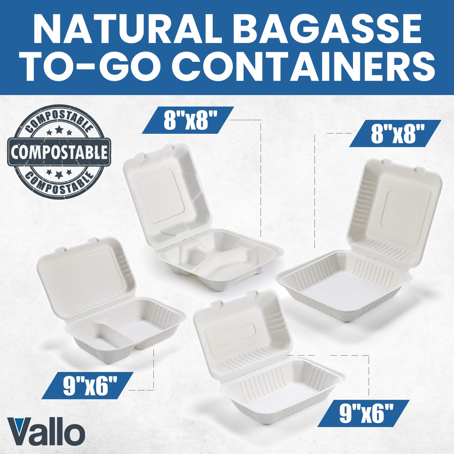 Vallo 100% Compostable Clamshell To Go Boxes For Food [9X6" 1-Compartment 50-Pack] Disposable Take Out Containers, Made of Biodegradable Sugar Cane, Eco-Friendly Bagasse, Heavy-Duty ToGo Containers For Food : Industrial & Scientific