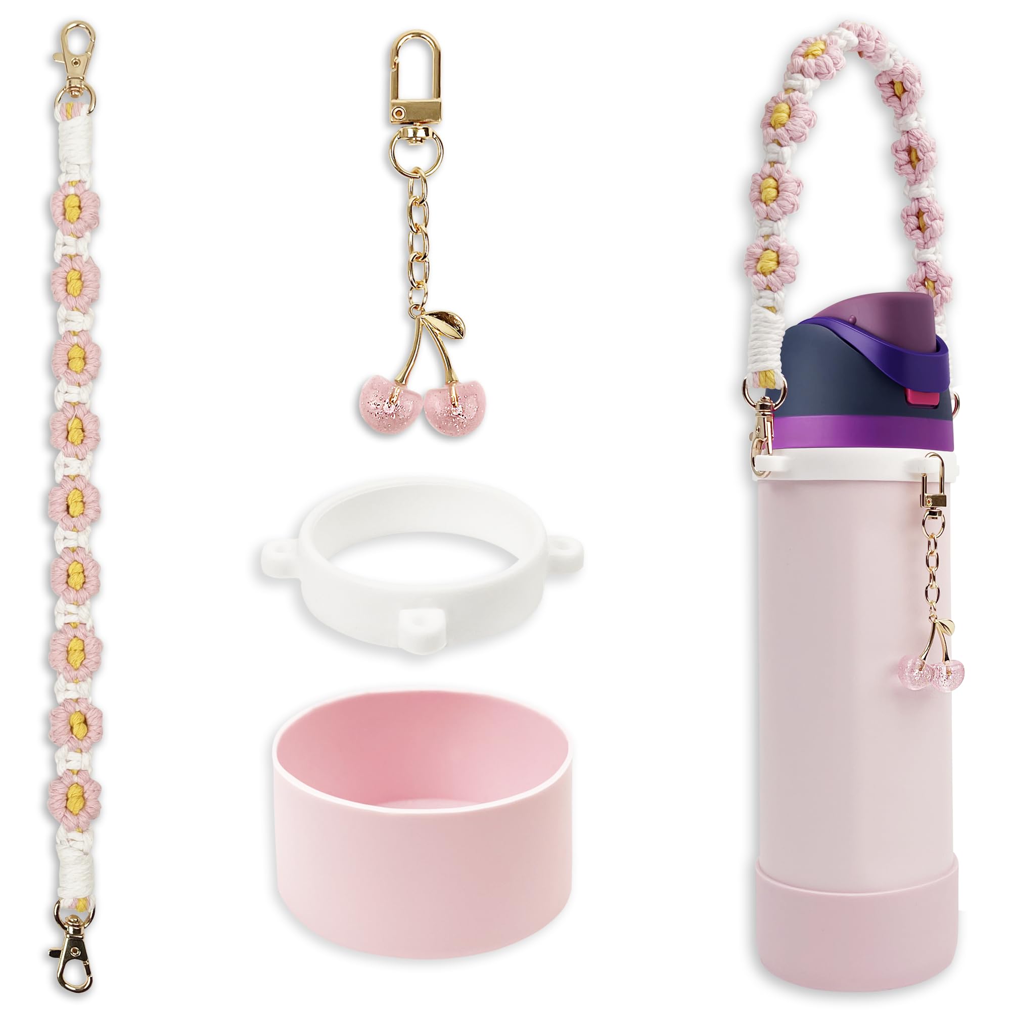 BydGxy Protective Silicone Boot & Handle Strap Set with Cherry Charm Compatible with Owala Water Bottle 24 oz, 32 oz, 40 oz & Free sip, Non-Slip Cup