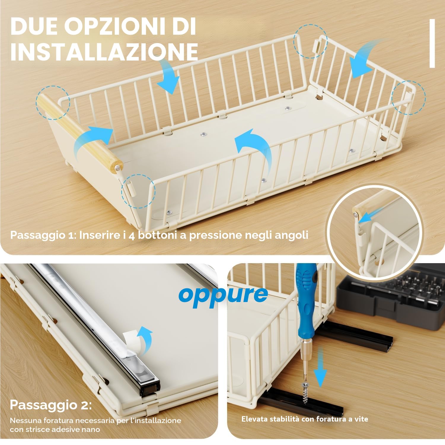 2 cassetti estraibili, cassetti estraibili profondi 53cm per armadi, cassetto estraibile per cucina con pellicola nano adesiva e viti per cucina, bagno, 53cm profondità x 30cm larghezza x 16cm altezza