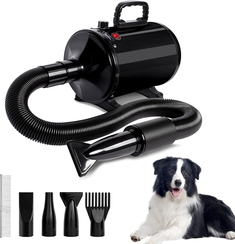Secador de pelo para perros IVY&LANE para aseo de mascotas, soplador para perros de alta velocidad,negro | con 4 boquillas, velocidad ajustable, control de temperatura, reducción de ruido