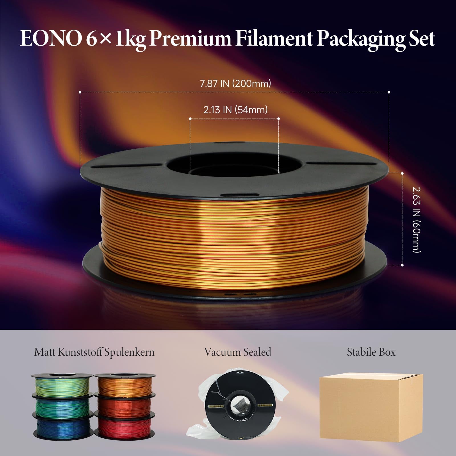 EONO PLA Dreifarbiges Filament, 6x1KG Bunt, 3D Drucker Filament, Silk PLA,Blau-Grün-Gold,Gold-Kupfer-Blau1,Rot-Gold1-Blau,Rot-Blau2-Grün,Rose/Blau/Grün1,Gold2/Kupfer/Schwarz