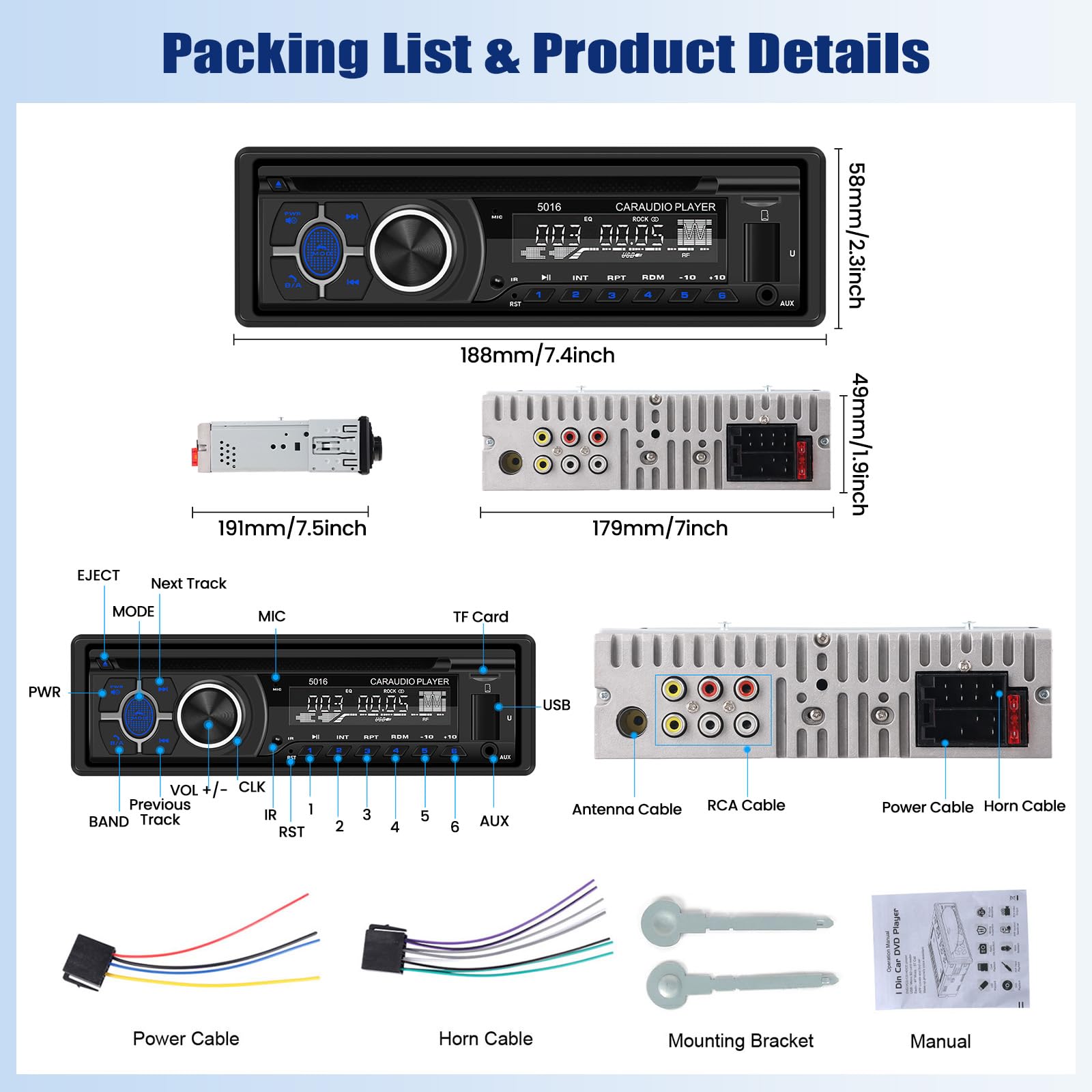 SIXTOP Autoradio 1 DIN mit DVD/CD Player, 1Din Autoradio Bluetooth Freisprecheinrichtung 1Din Radio mit FM AM Radio, MP3 Player mit APP Steuerung unterstützt AUX-Eingang/USB Wiedergabe/Aufladen