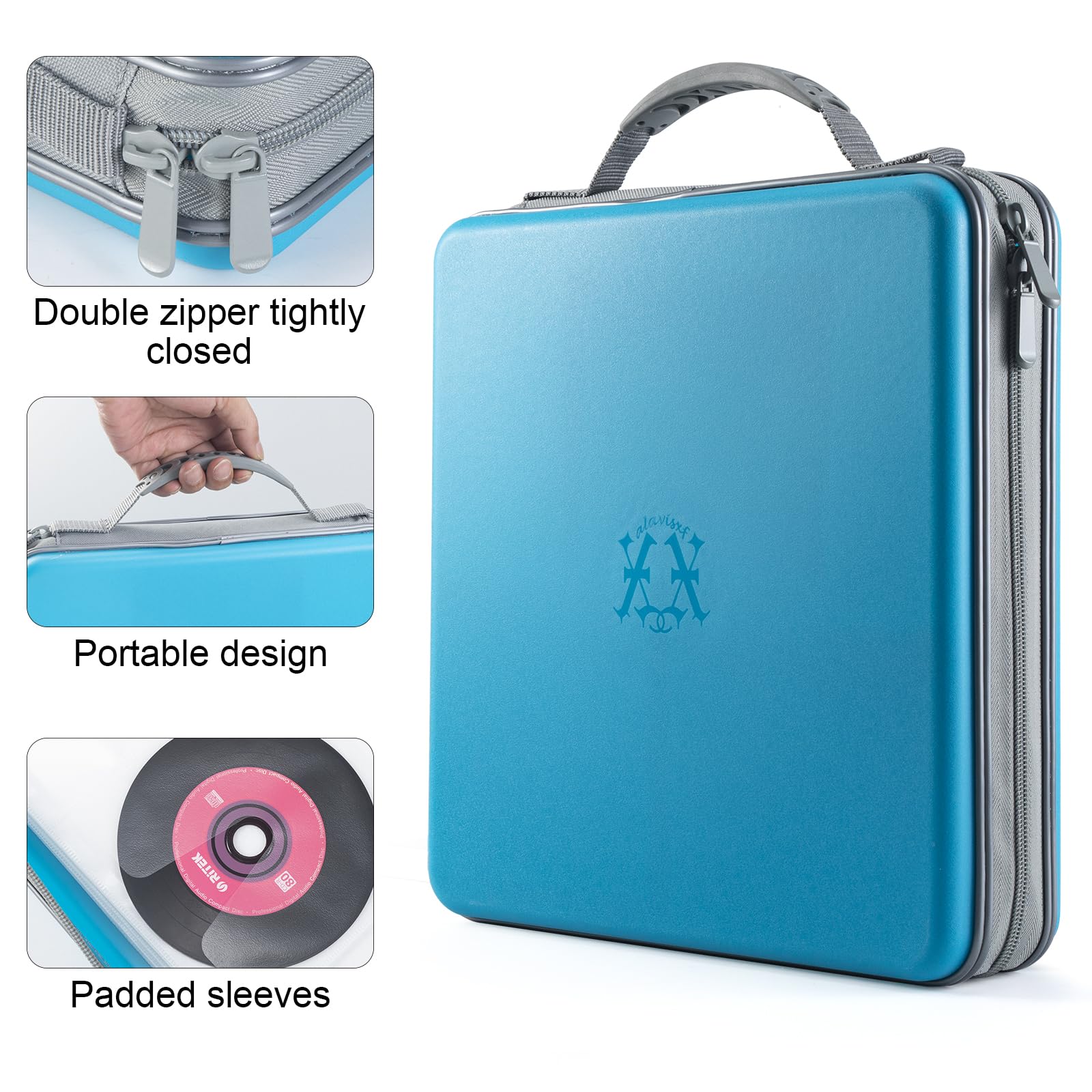 alavisxf xx Custodia per CD, 224 pezzi, in plastica rigida, portatile, di grande capacità, per auto, casa, viaggi (colore celeste, capacità 224)