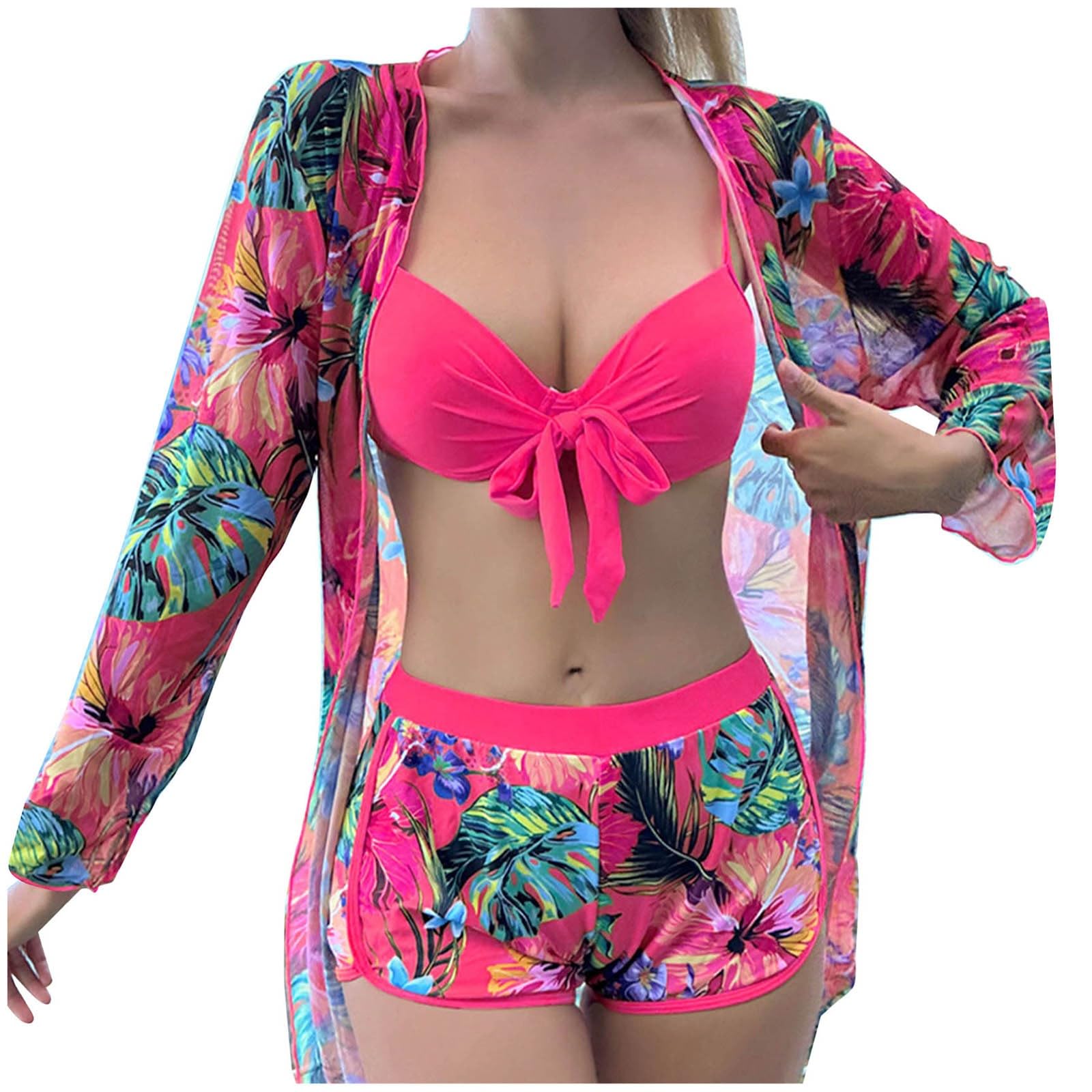 2024 Sexy 3 Piezas Bikini Set Cover Up Traje de Baño Bikini de Cintura Alta para Mujeres Manga Larga Push Up Playa Traje de Baño