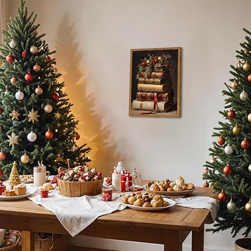 Miniatura 4 de Hwetui Lienzo de Navidad vintage para pared, libros rústicos de granja, pintura de naturaleza muerta, póster de Feliz Navidad, impresión de imagen