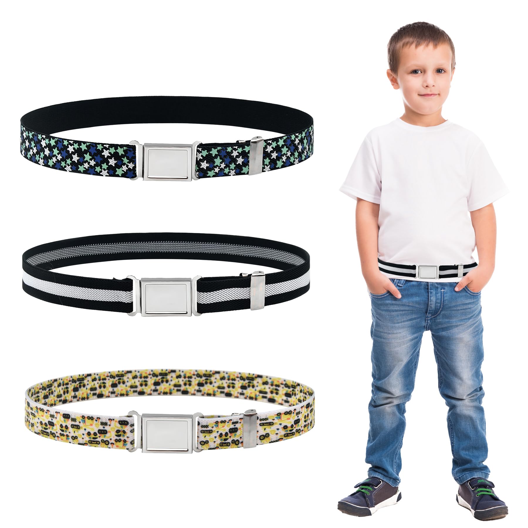 Pack de 3 cinturones elásticos para niños con práctica hebilla magnética y diseño de estrellas 8