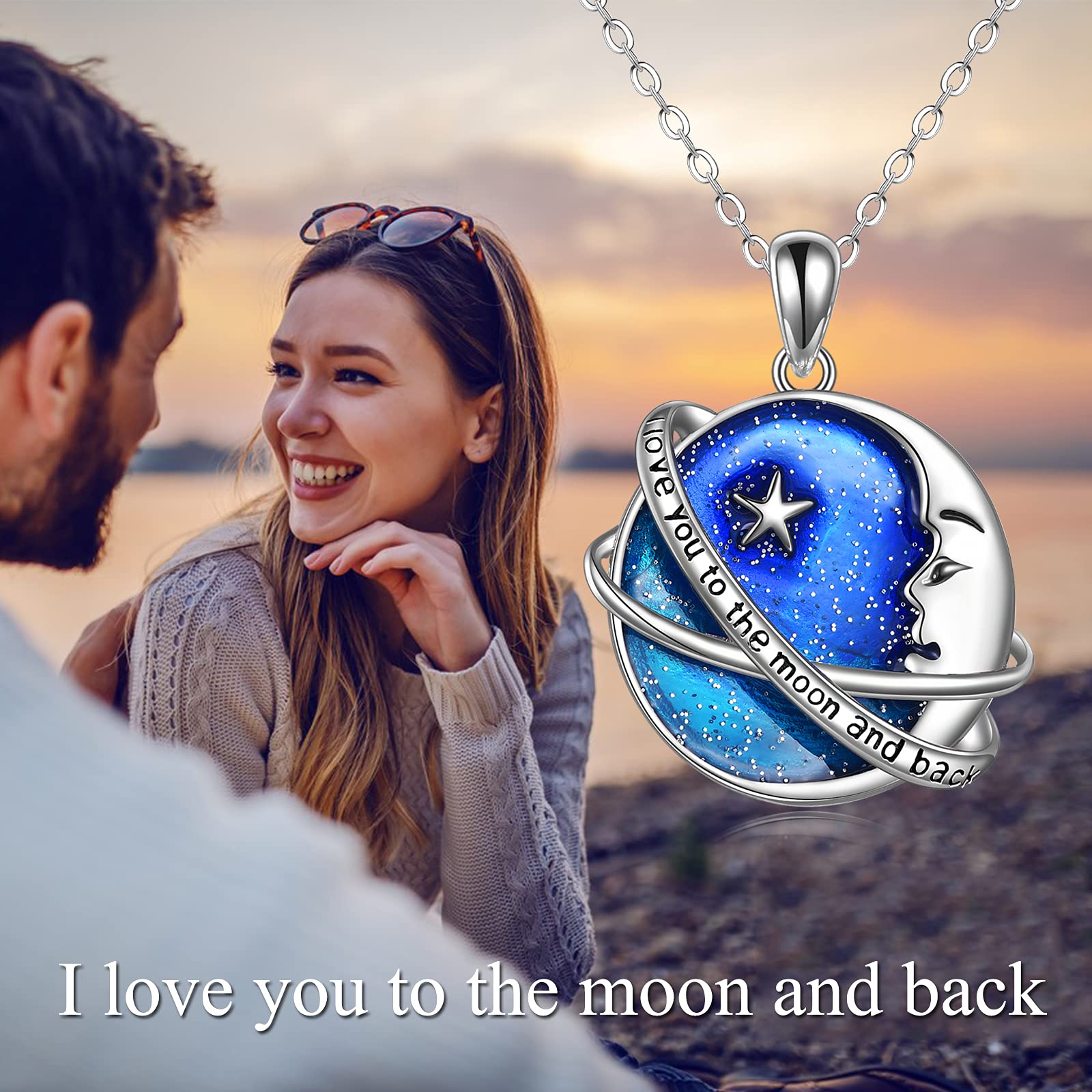 Erde Planet Kette 925 Sterling Silber Stern Mond Galaxie Anhänger Halskette Universum Planet Schmuck Geschenke für Damen Mädchen