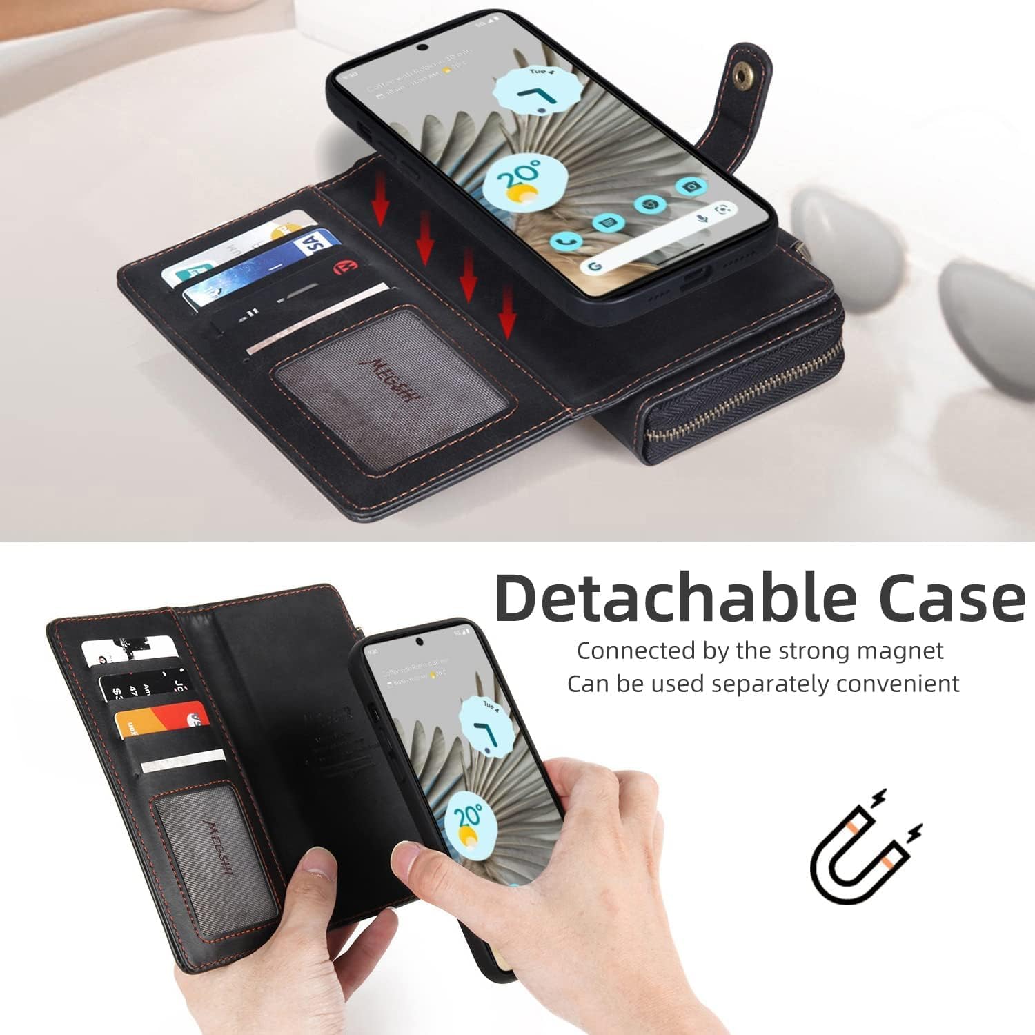 Compatible with Google Pixel 8 Pro 5G Wallet Case Crossbody Shoulder Strap Card Holder Stand Multi-Function 2in 1 Detachable Magnetic and Cell Phone Cover for Pixel8Pro Pixel8 XL Eight 8Pro Black