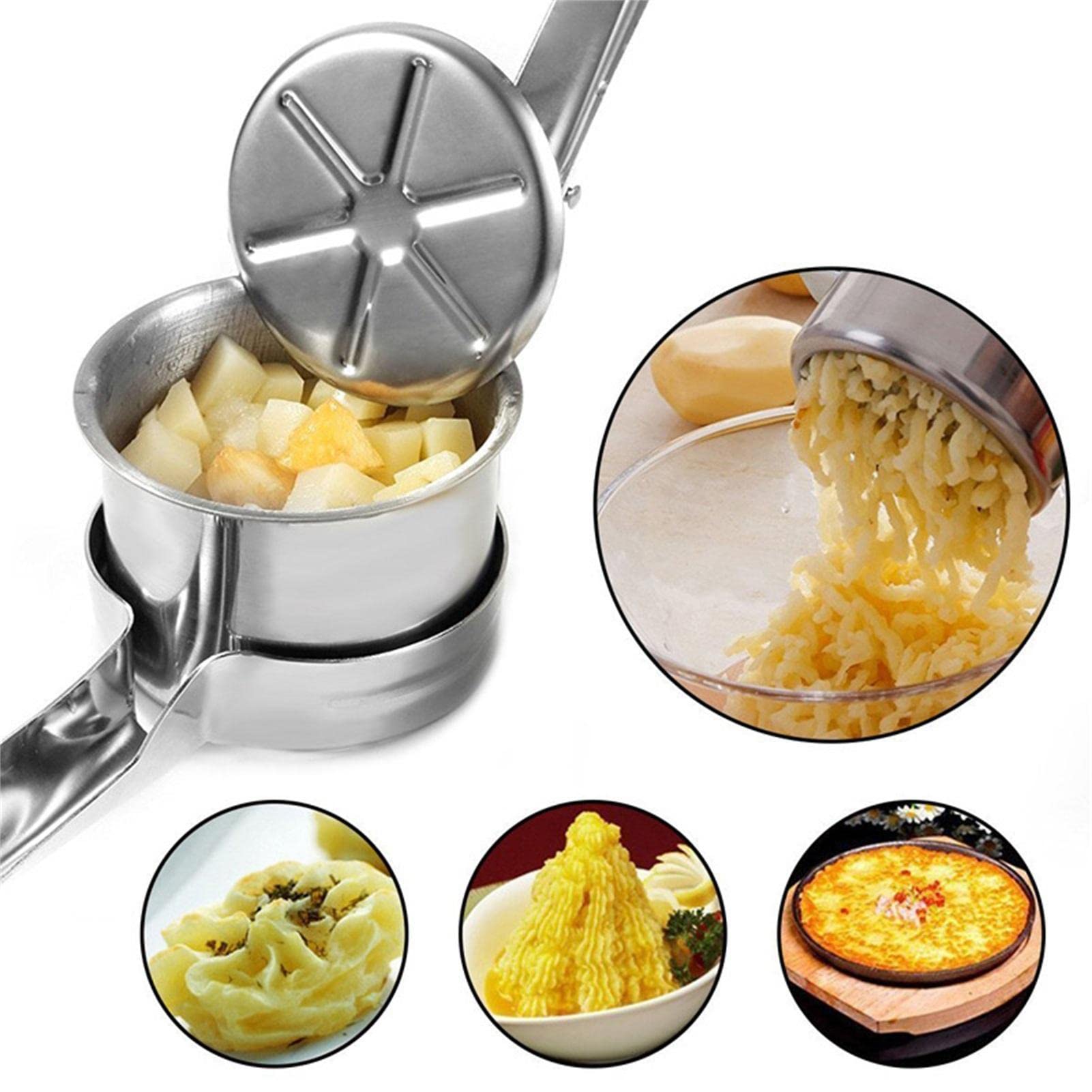 5 x große Kartoffelpresse – Professioneller Kartoffelstampfer aus | Edelstahl mit 3 austauschbaren Scheiben – Küchengerät für Kartoffeln, Fleisch,