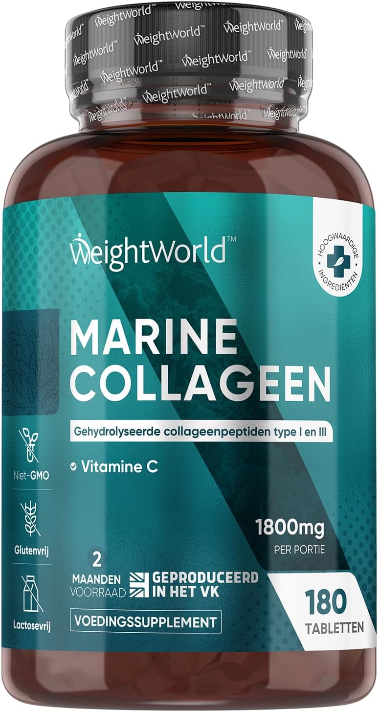 Collageen tabletten – 1800mg – Gehydrolyseerde Marine Collageen met Type 1 en 3 Peptiden – Verrijkt met Vitamine C – 180 tabletten voor 2 maanden voorraad – Hoog gedoseerd – van WeightWorld