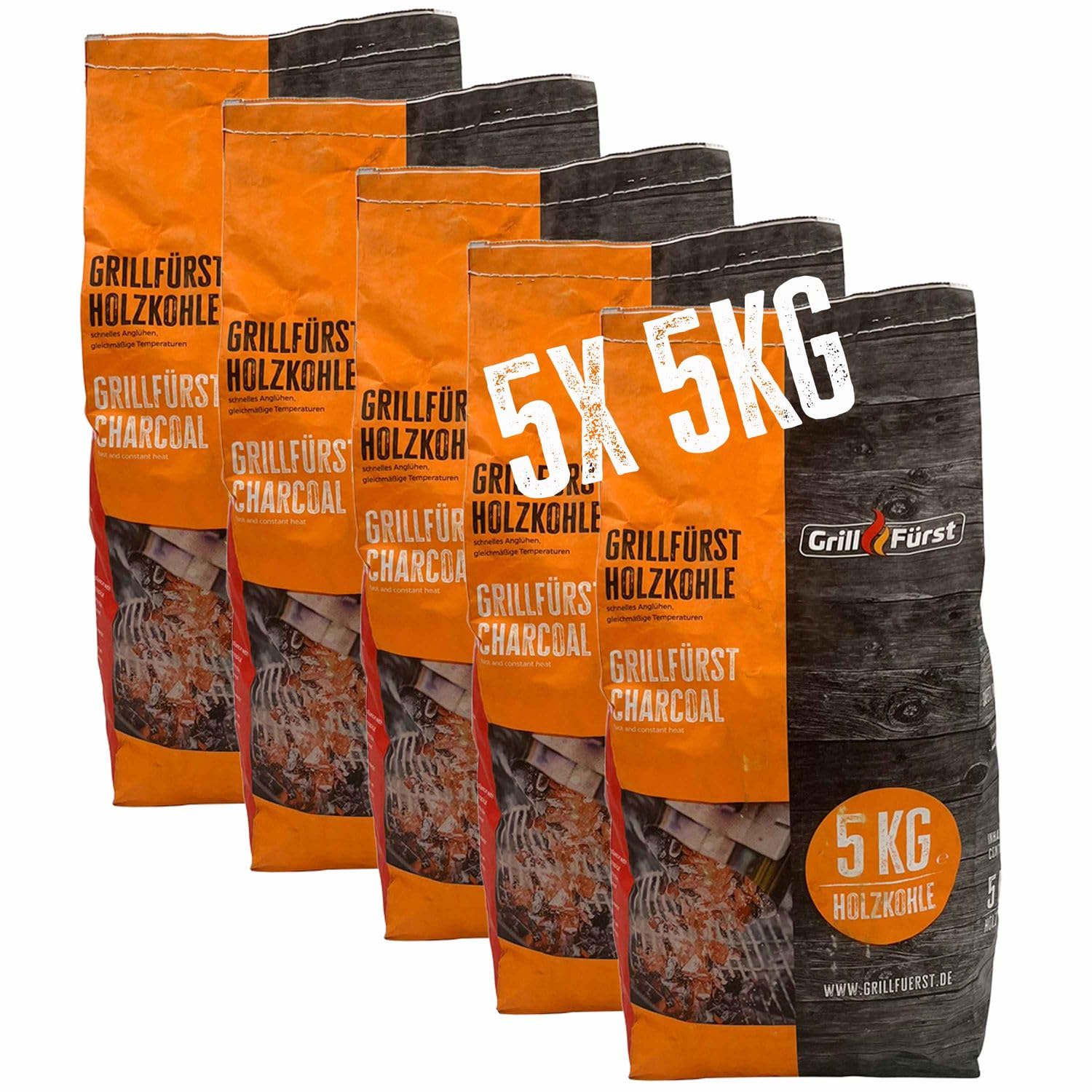 Grillfürst Holzkohle 25 kg - nachhaltige Holzkohle in großer Stückelung und mit hohem Brennwert, saubere und effiziente Verbrennung, 5 x 5 kg