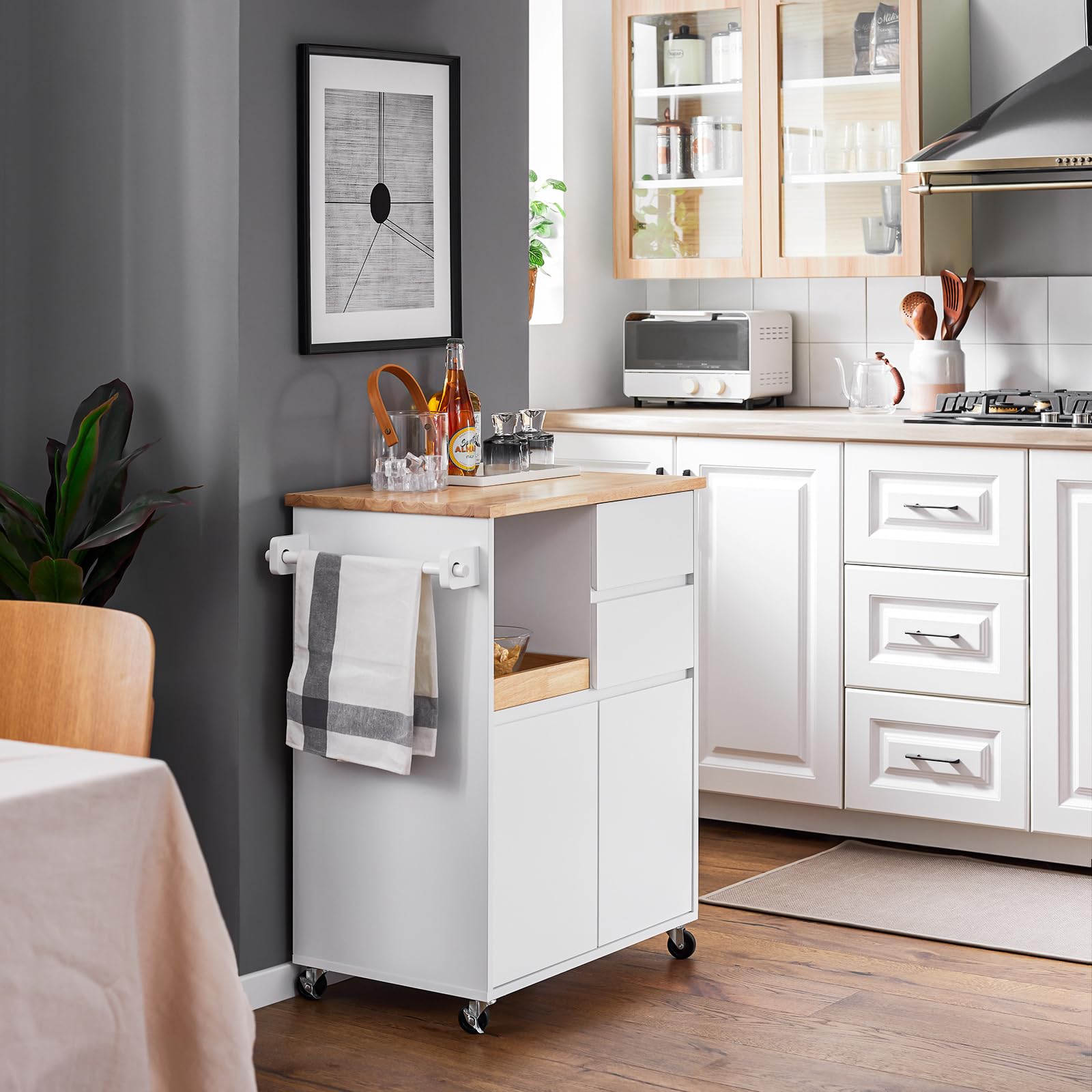 SoBuy Isola Cucina con Ruote Salvaspazio – Carrello Cucina con Cassetti e Scaffale per Microonde, Mobiletto Cucina Compatto, Penisola Cucina Bianca 72x40x84cm FKW123-WN