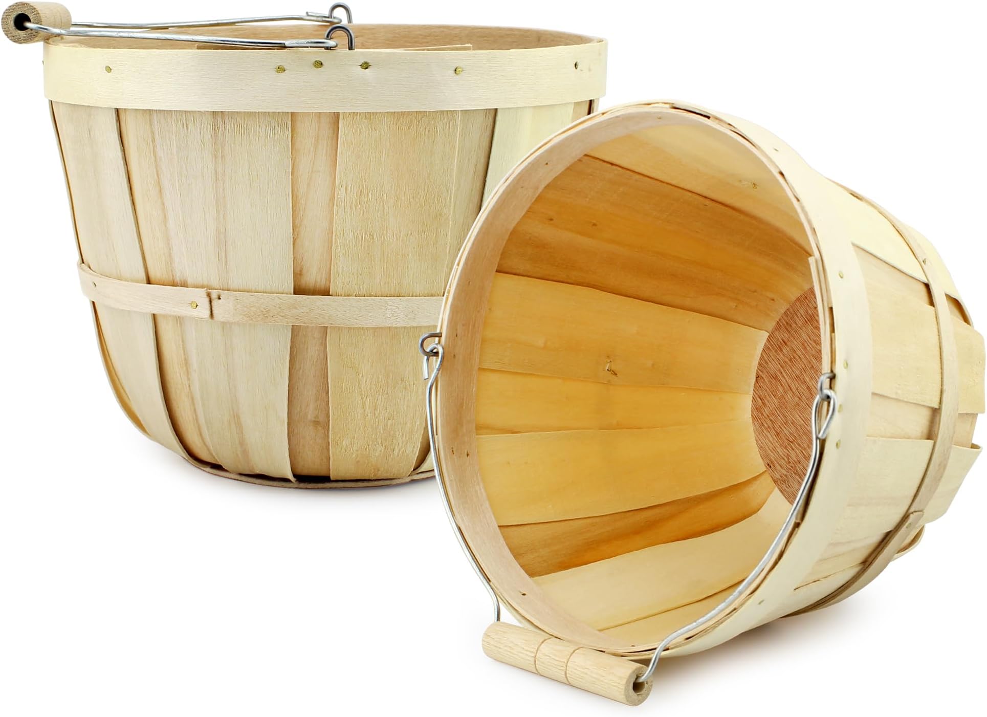Cornucopia Brands Round Wooden Baskets (2-Pack, Natural); Wood Fruit Buckets with Handle, 4-Quart Capacity; 6.1 Inch Tall by 8 Inch Diameter