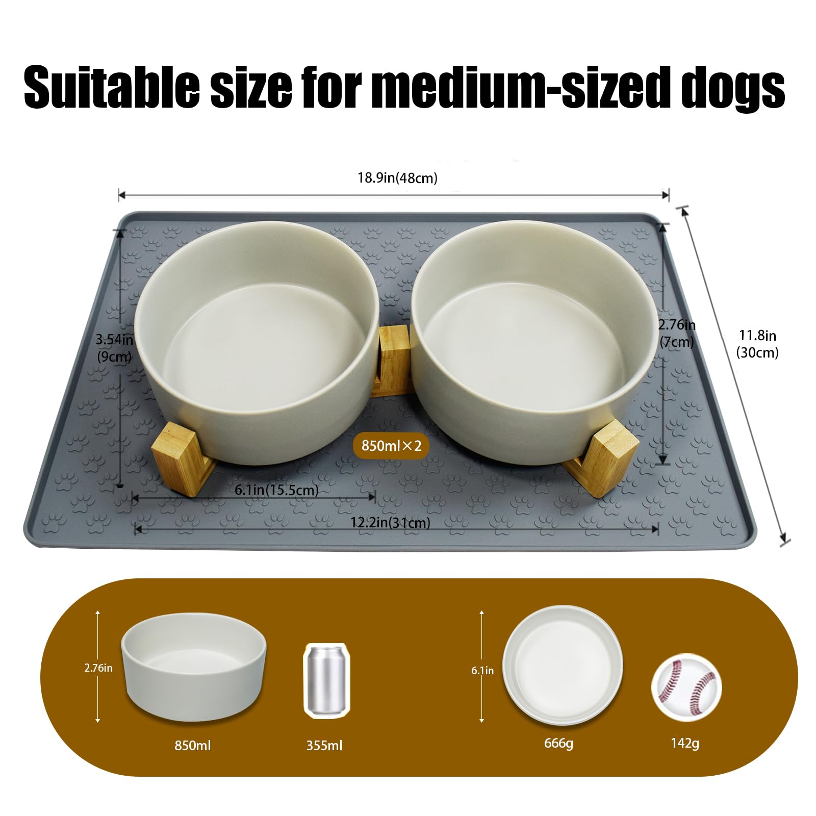 Hundenapf Keramik Doppel Futternapf Fressnapf Futterschüssel Wassernapf mit Bambus Ständer und Rutschfester Matte für Mittelgroße Hunde (850ml, 2-Grau)