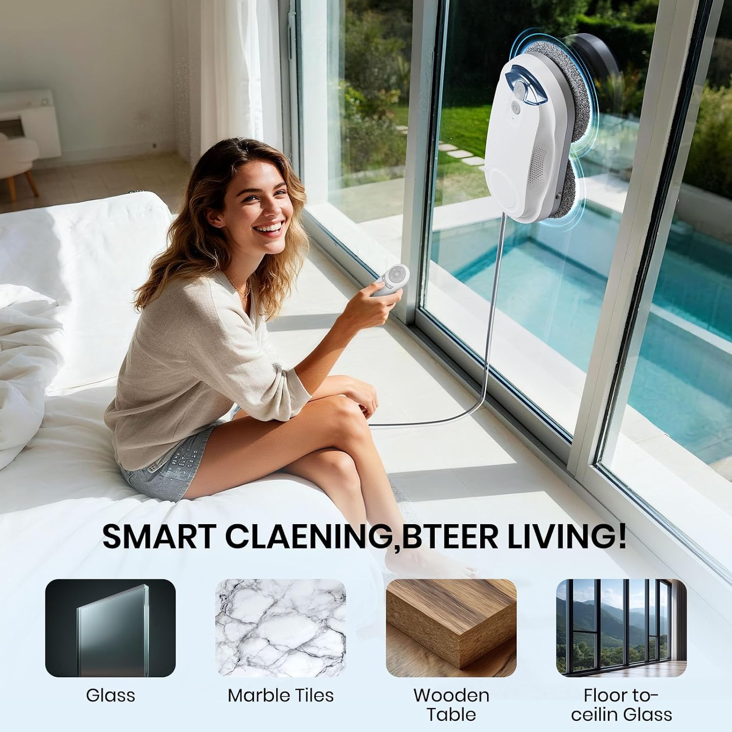 KKI Window Cleaning Robot, Auto Window Cleaner Robot, Dual Spray, Max 3200Pa, AI Path Planning & Edge Detection, Remote Control for High-Rise Windows, Glass Door,5Pairs Cloths, X3 (White)