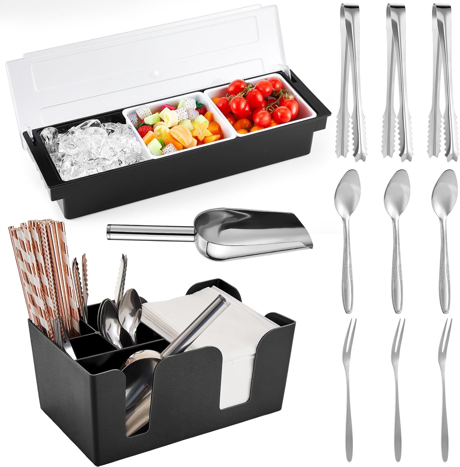 Tessco for you Garnish Tray with Lid Bar Caddy Ice Cooled Condiment Serving Container with Ice Scoop Metal Mini Serving Tongs Fruit Fork Spoons for Food Home Party Kitchen(Plastic,3 Grids) Plastic 3 Grids