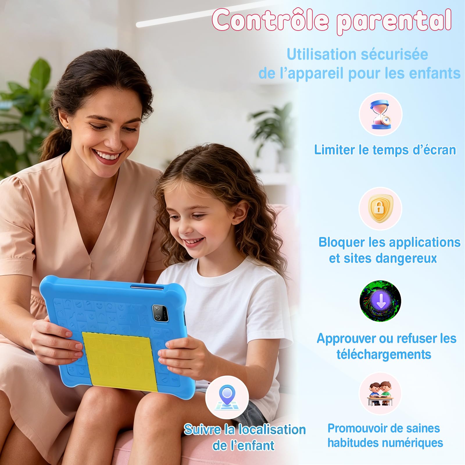 Tablette Enfants 7 Pouces Android Tablette Éducative pour Enfant avec Écran HD 5 Go RAM + 32 Go ROM (TF 128 Go) Contrôle Parental WiFi, Bluetooth Cadeau Fille Garçon avec Étui Antichoc (Bleu)