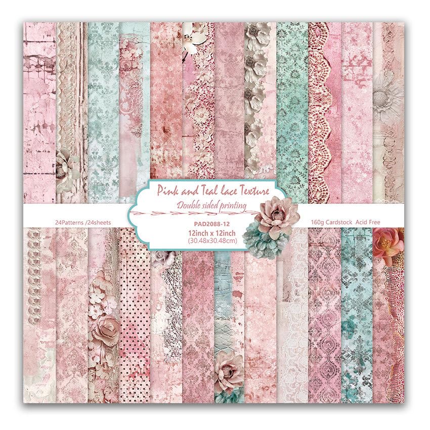 24 hojas de papel con textura de encaje rosa y verde azulado, impresión de doble cara para hacer tarjetas, álbumes de recortes, álbum de fotos de boda, decoración del hogar, 12 x 12 pulgadas