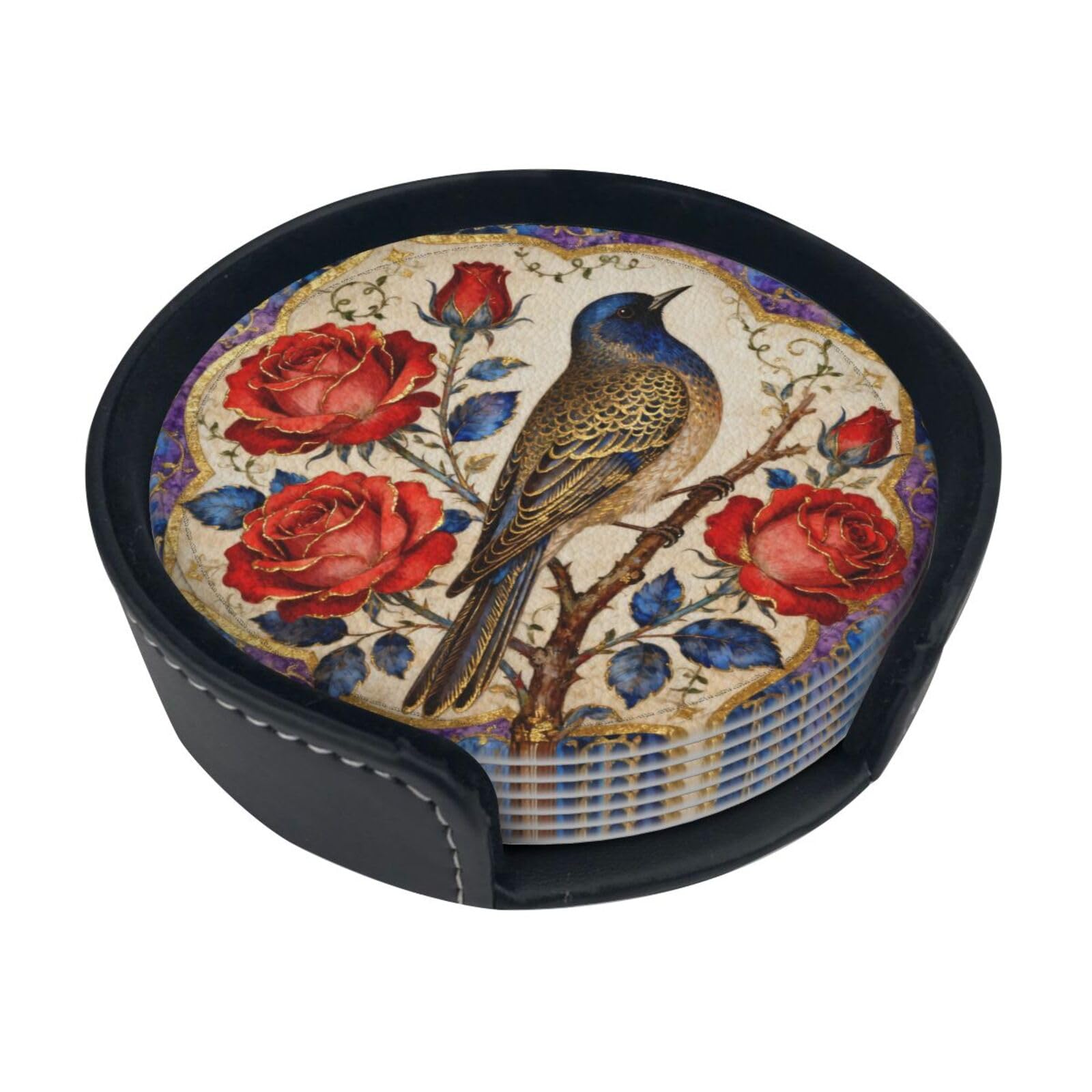 Beautiful flowers Leather Coasters-Set of 6 with Storage Holder