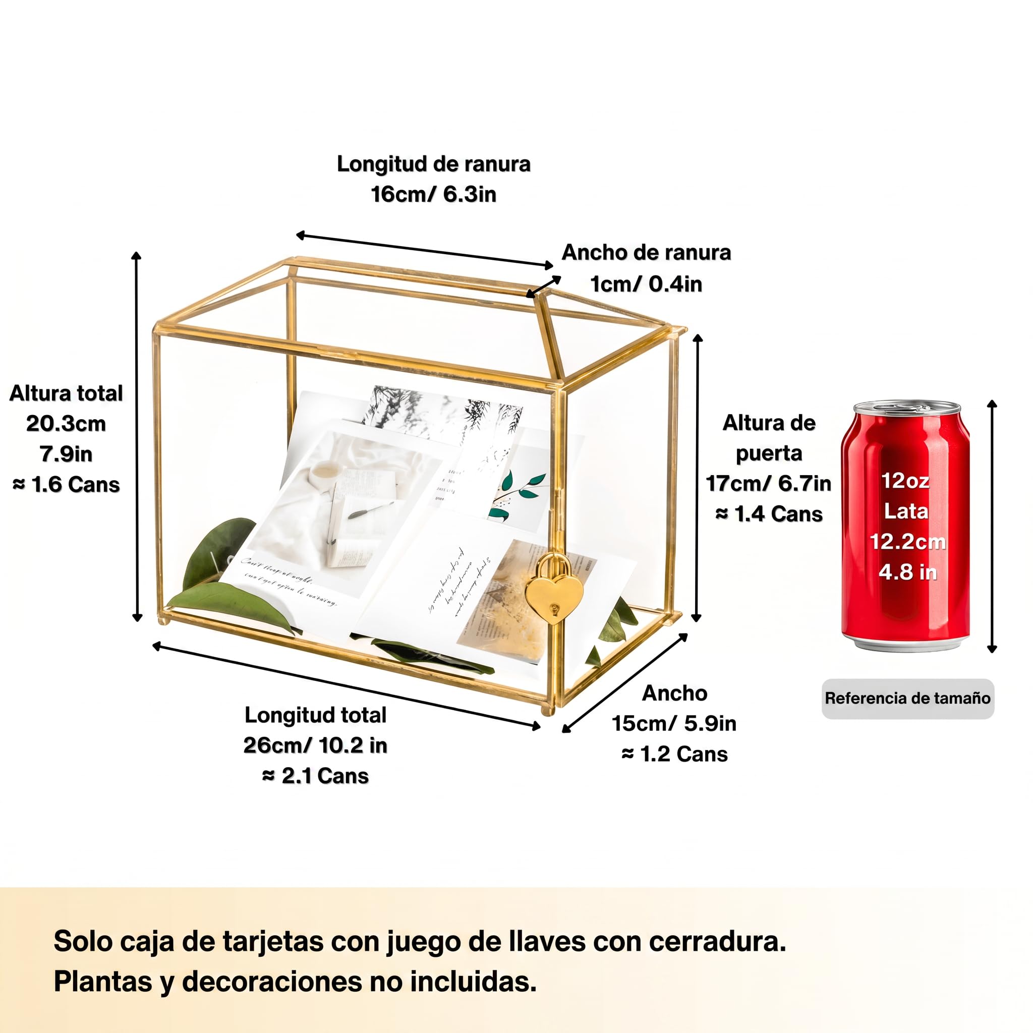 NCYP 26cm Oro Caja de tarjetas de boda con ranura y cerradura, geométrico hecho a mano para recepción de boda, centro de recuerdos (solo caja de vidrio y cerradura)