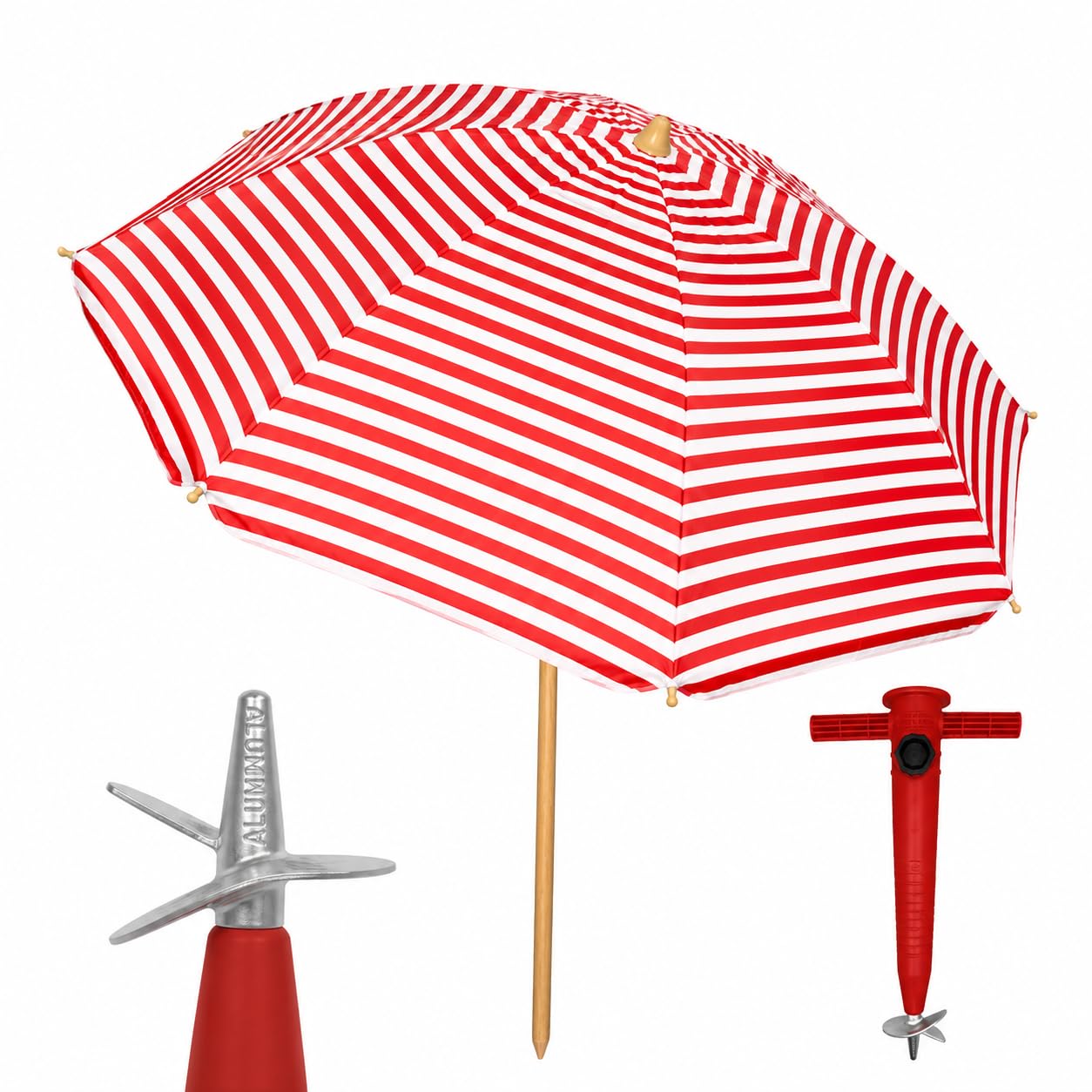 Pincho Grand parasol de plage anti-vent avec protection UV50+, tube en aluminium et 8 baleines en fibre de verre, inclinable avec fenêtre supérieure, embout en aluminium