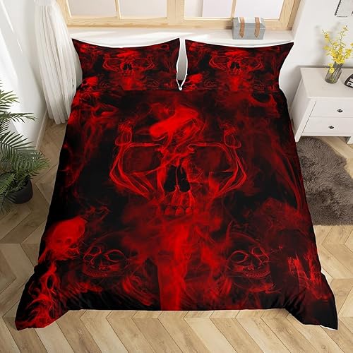 Miniatura 1 de Juego de ropa de cama de calavera gótica de Halloween, funda de edredón de esqueleto rojo y negro, tamaño matrimonial para niños, adolescentes,