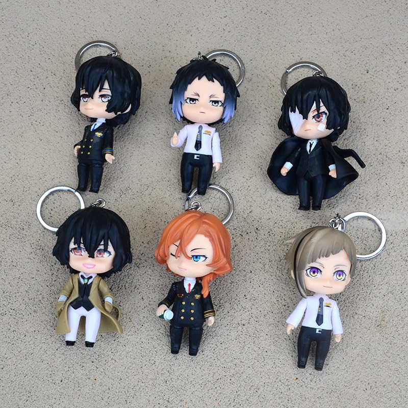 HBGIAY 6pcs Dazai Osamu Anime Keychain Pvc Statue Nakahara Chuuya Figure Cute Keychain Pendant Decoration Collectibles Gift