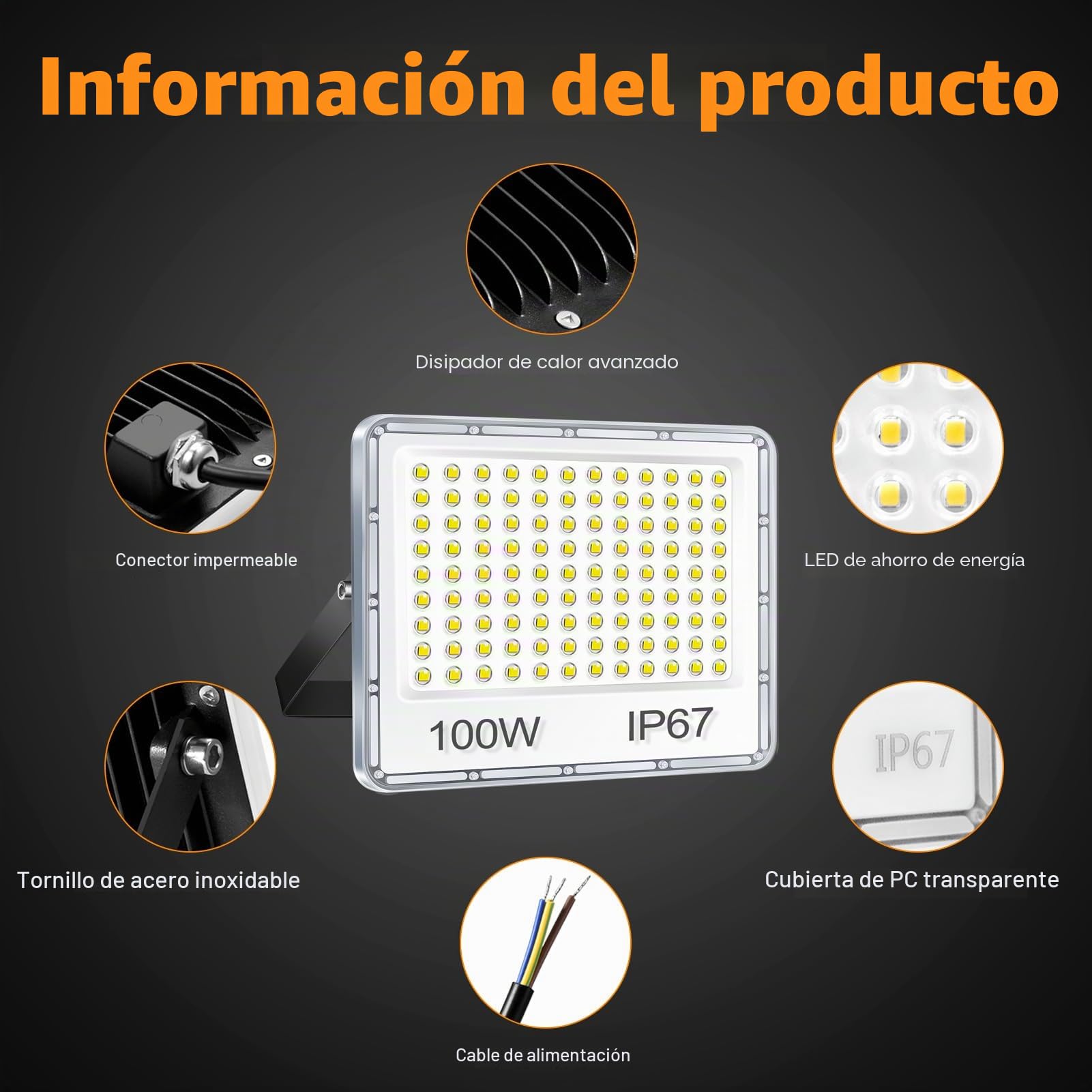 YIQIBRO 100W Focos LED Exterior 2 Piezas, 10000LM 6500K Superbrillante Blanco Frío Luces LED Exterior, IP67 Impermeable Proyector para Jardín, Terraza, Garaje, Almacén, Fábrica, Taller