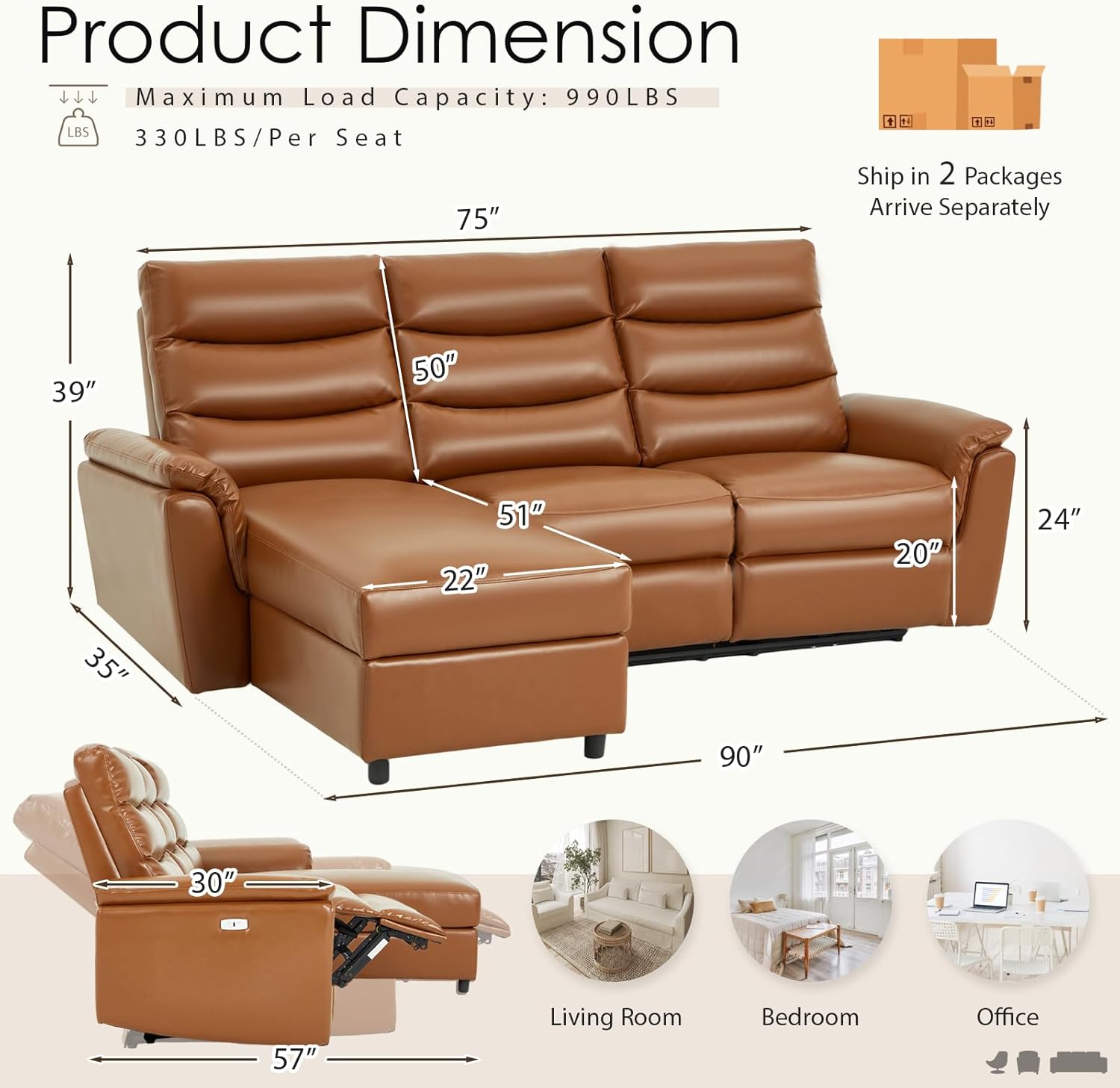 Product dimensions of the Esright Power Reclining Sofa