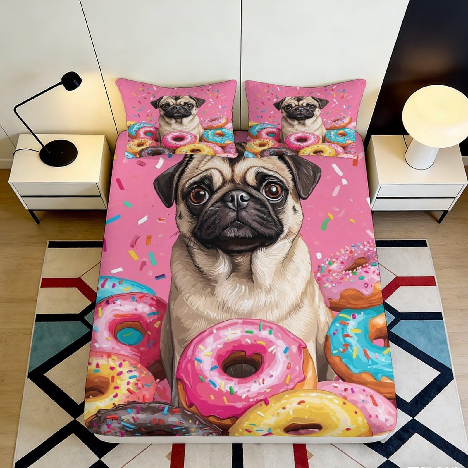 3D Printed Pug Donut Fitted Sheet Microfiber Non-Slip Deep Pocket Pug Donut Mattress Fitted Cover Breathable Bedroom Bedding 160x200x25cm