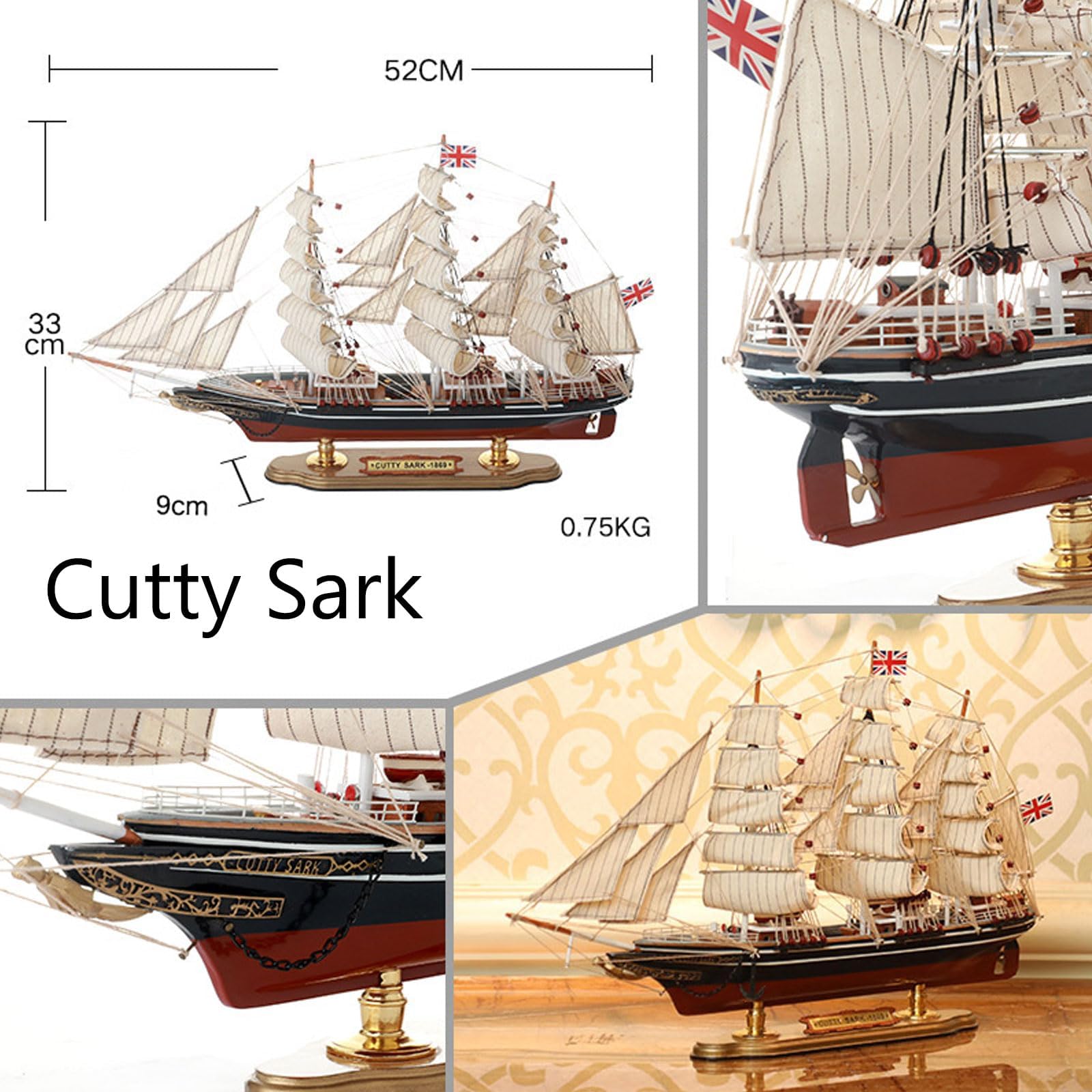 YLME Maqueta De Velero De Madera De 52 Cm Maqueta De Velero De Madera Maciza De Estilo Mediterráneo Adornos Creativos Hechos A Mano De Madera Maciza Adornos Decorativos para El Hogar,Cutty Sark