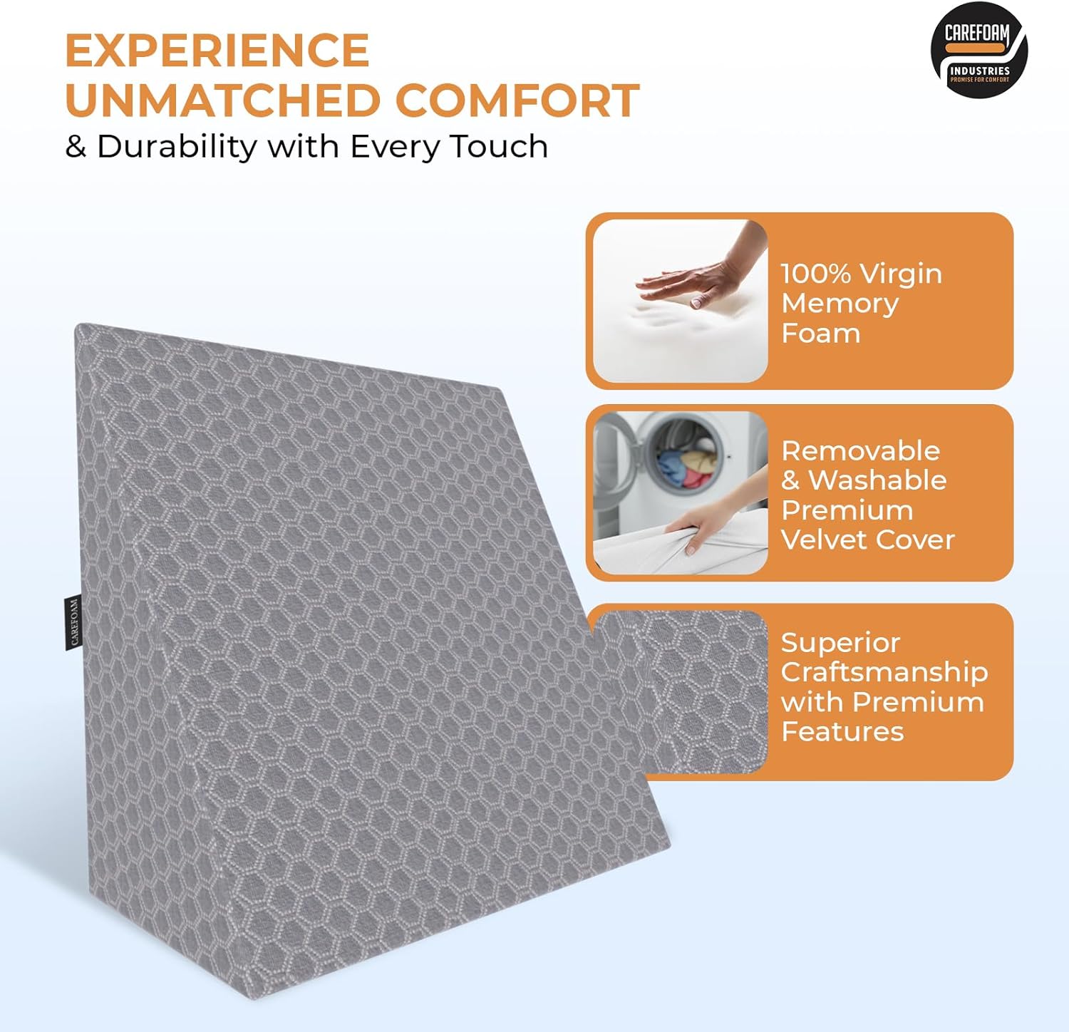 Orthopedic Wedge Pillow for Sleeping, Reading & Acid Reflux Relief, Premium Memory Foam Bed Cushion, Great for Back Support, Leg Lift, 18x18x